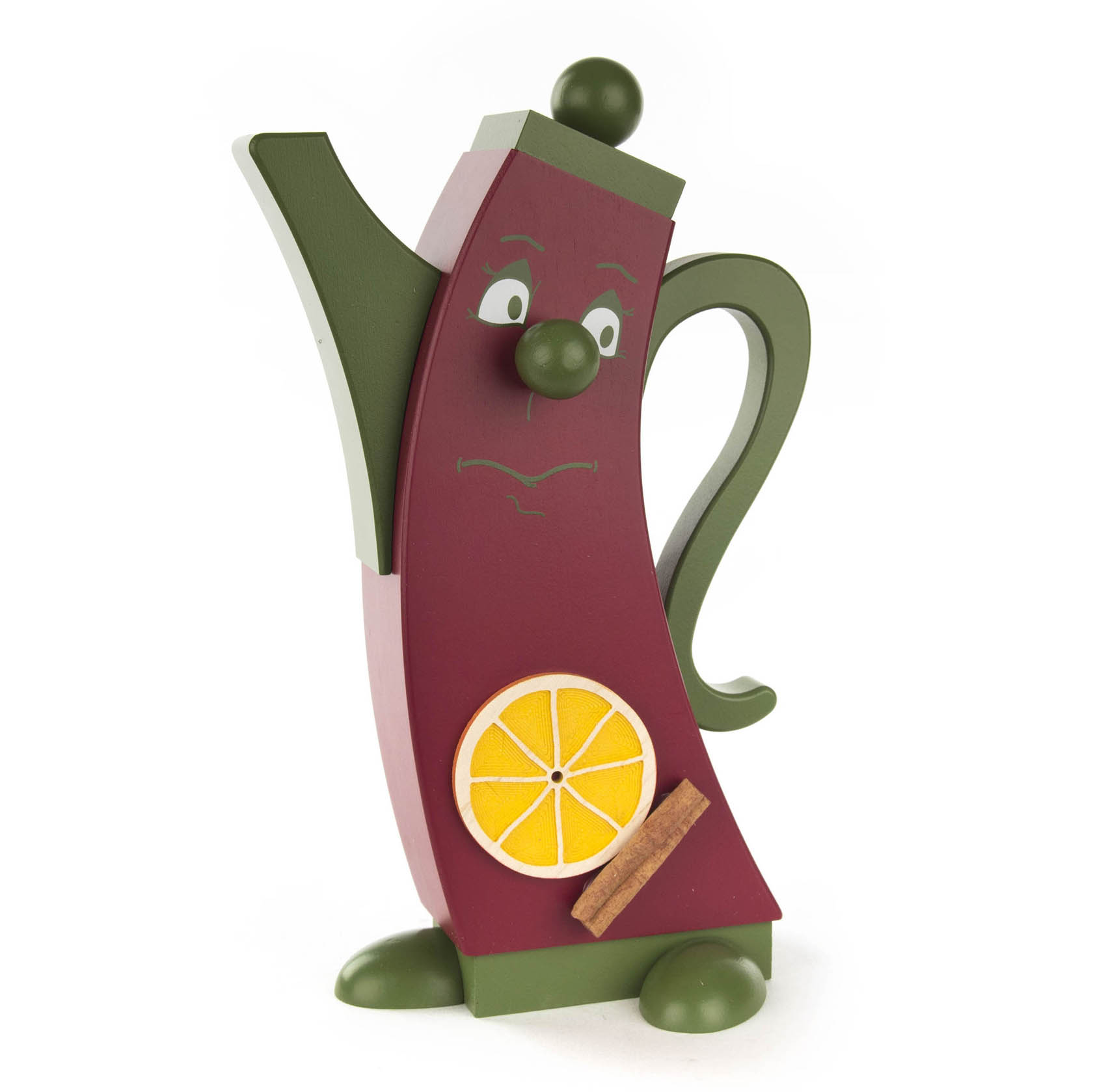 Holzräucherfigur in Form einer stilisierten Kanne mit Glühweindekoration, bestehend aus einer Orangenscheibe und einer Zimtstange. im Dregeno Online Shop günstig kaufen
