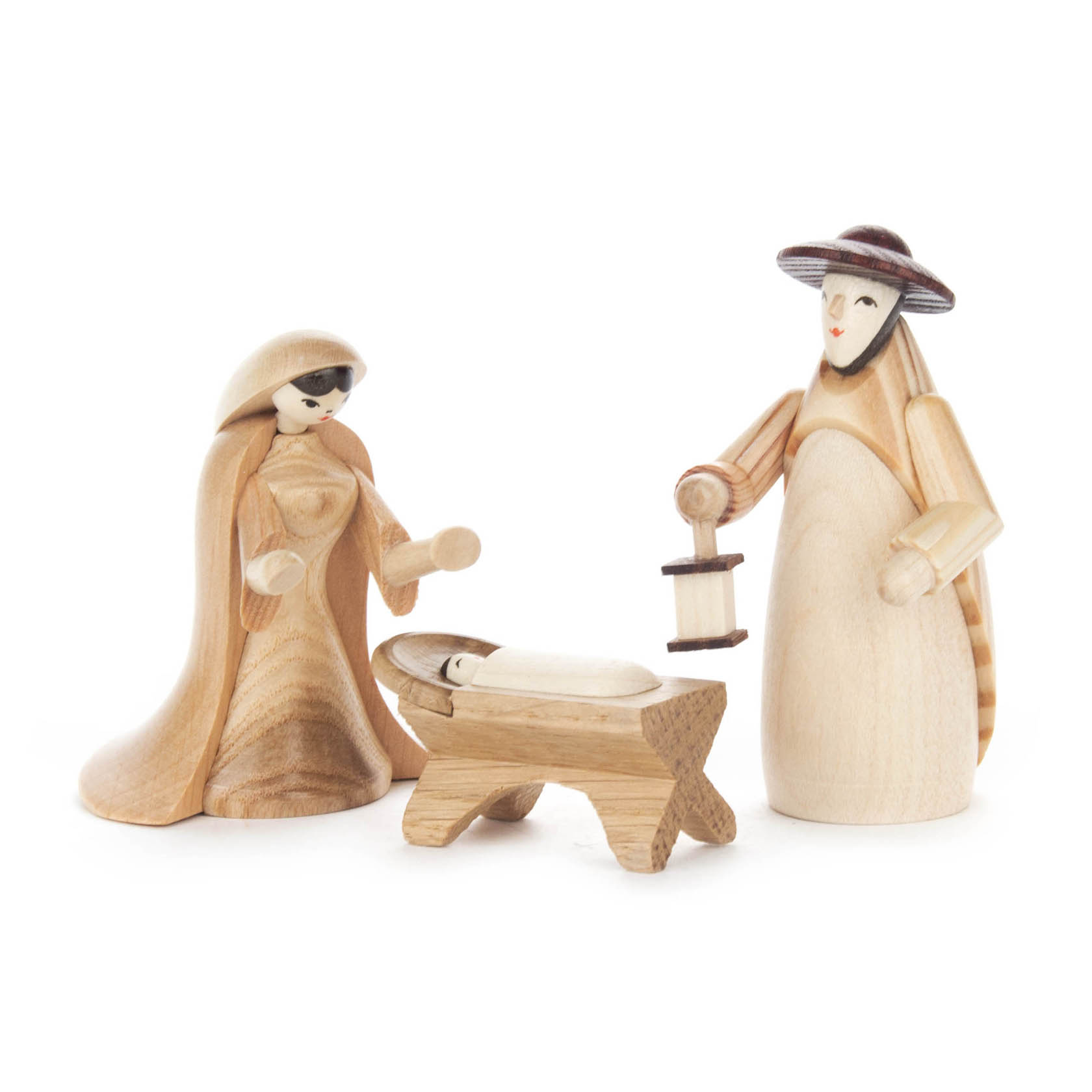 Holzfiguren der Heiligen Familie: Maria in einem Umhang, Josef mit Hut und Laterne, und das Jesuskind in einer Krippe liegend. im Dregeno Online Shop günstig kaufen