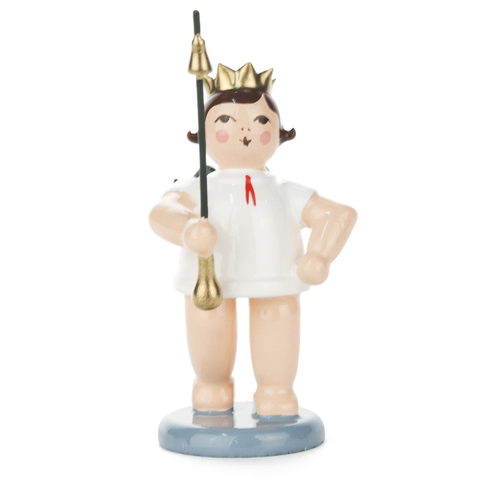 Wooden angel figure with a gold crown and tambour staff, wearing a short white dress, standing on a blue base. im Dregeno Online Shop günstig kaufen