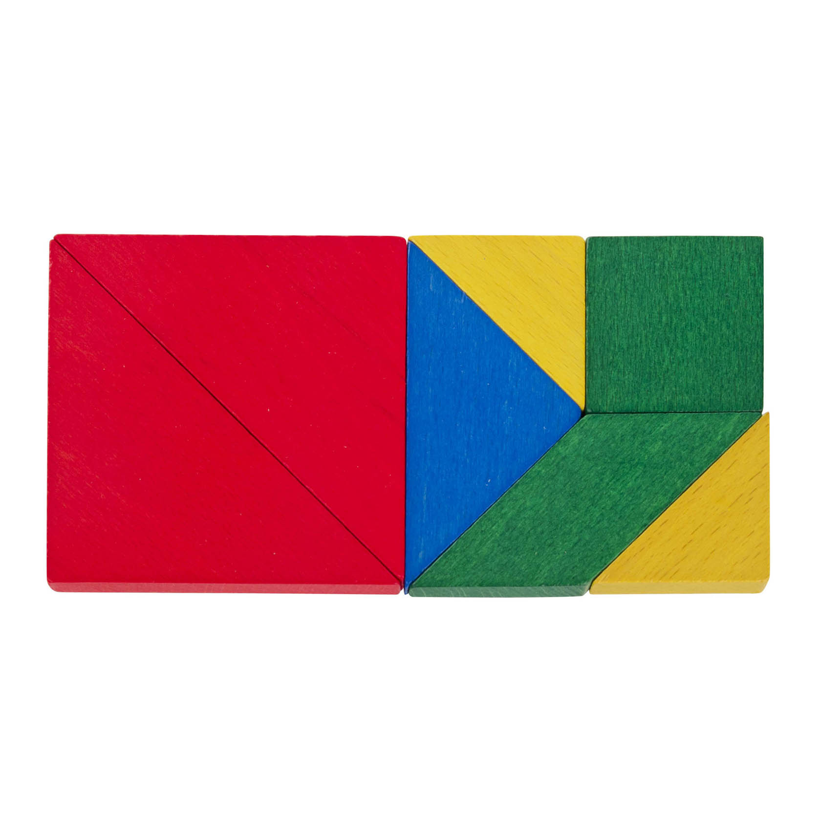 Bunte Tangram-Teile in Form eines Rechtecks. Enthält rote, blaue, grüne und gelbe Dreiecke, ein Quadrat und ein Parallelogramm. im Dregeno Online Shop günstig kaufen