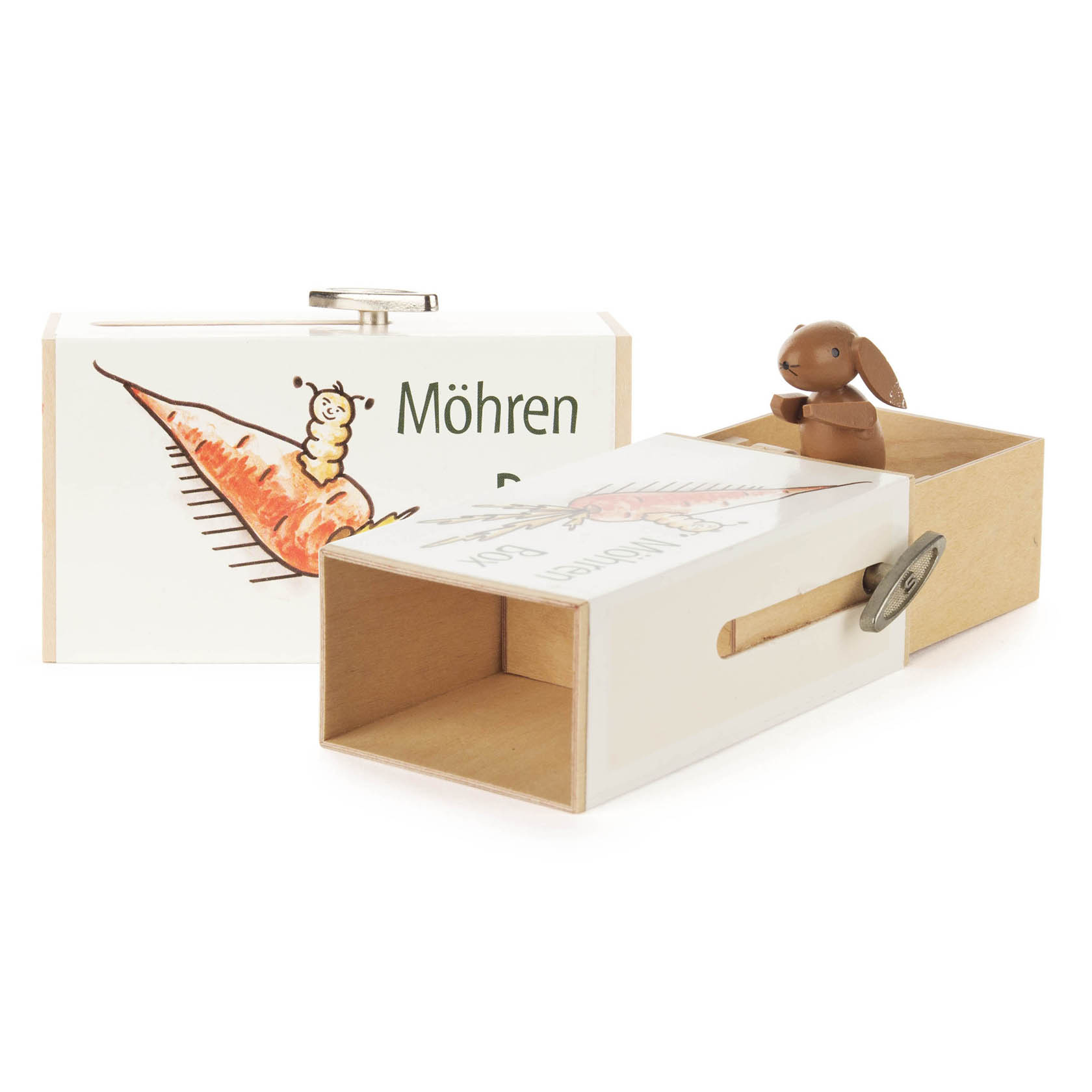 Holzschiebebox mit der Aufschrift 'Möhren Box'. Ein Hase, der eine Spieluhr dreht, und ein Bild einer Möhre mit Wurm auf der Box. im Dregeno Online Shop günstig kaufen