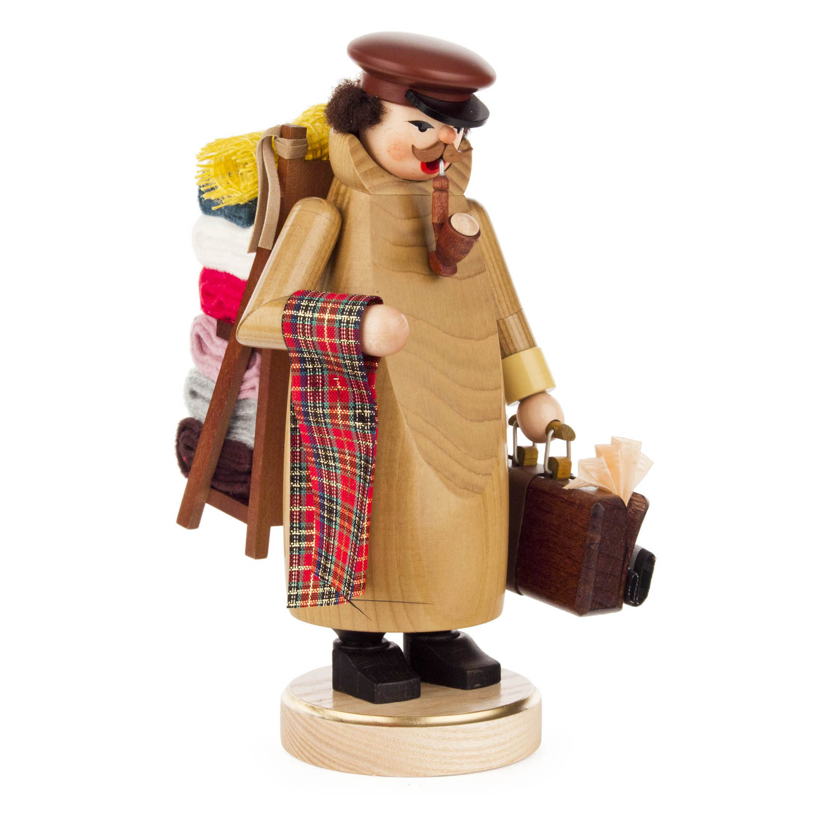 Wooden incense smoker figure resembling a fabric merchant, with a backpack of colorful fabric rolls and carrying a briefcase. im Dregeno Online Shop günstig kaufen