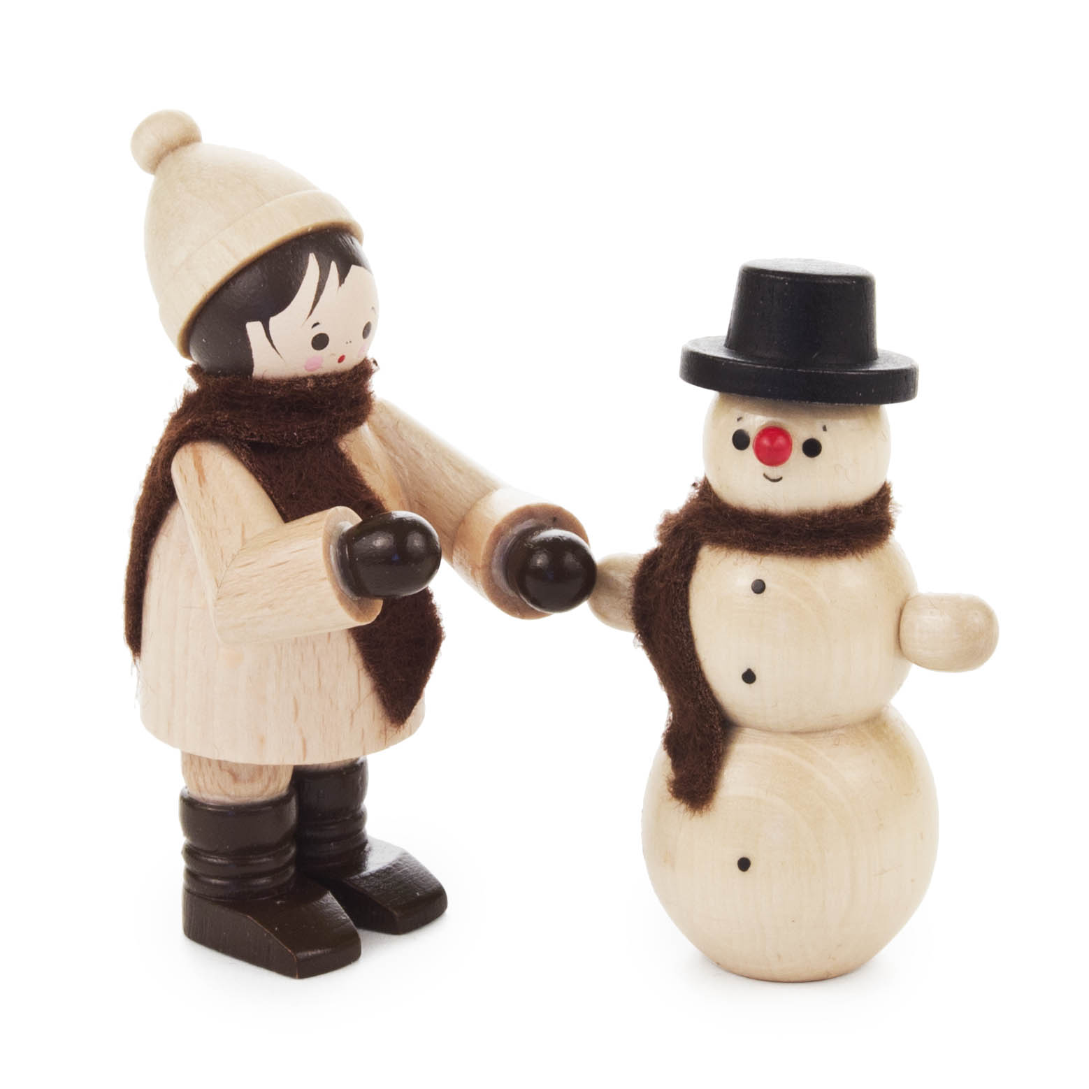 Holzfigur eines Schneemannbauers mit Mütze und Schal neben einem Schneemann mit schwarzem Hut und Schal. im Dregeno Online Shop günstig kaufen