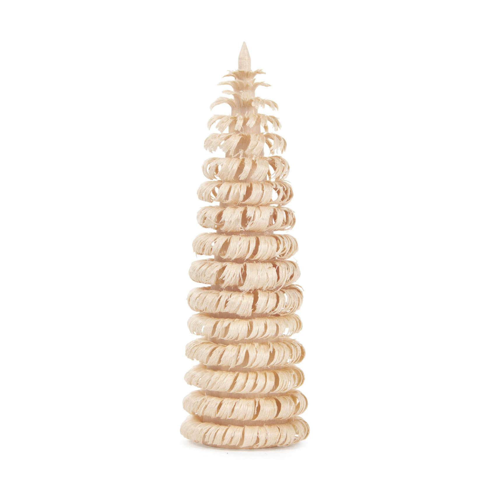 Ein naturfarbener Ringelbaum aus Holz, etwa 8 cm hoch. Der Baum besteht aus spiralförmigen, dünnen Holzschichten, die übereinander angeordnet sind. im Dregeno Online Shop günstig kaufen