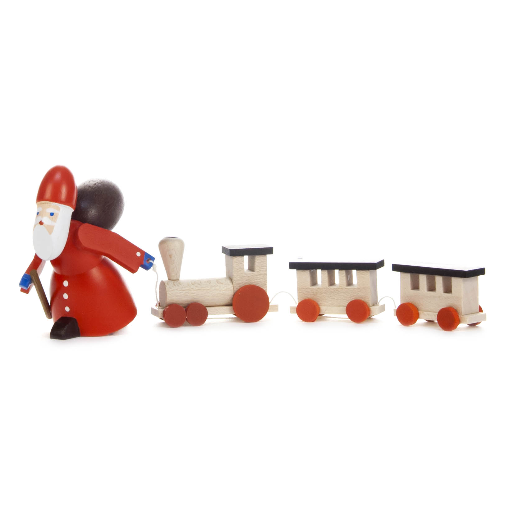 Holzfigur Ruprecht in rotem Mantel, mit weißem Bart und schwarzem Sack. Daneben eine hölzerne Lokomotive mit zwei Waggons in Rot-Schwarz. im Dregeno Online Shop günstig kaufen