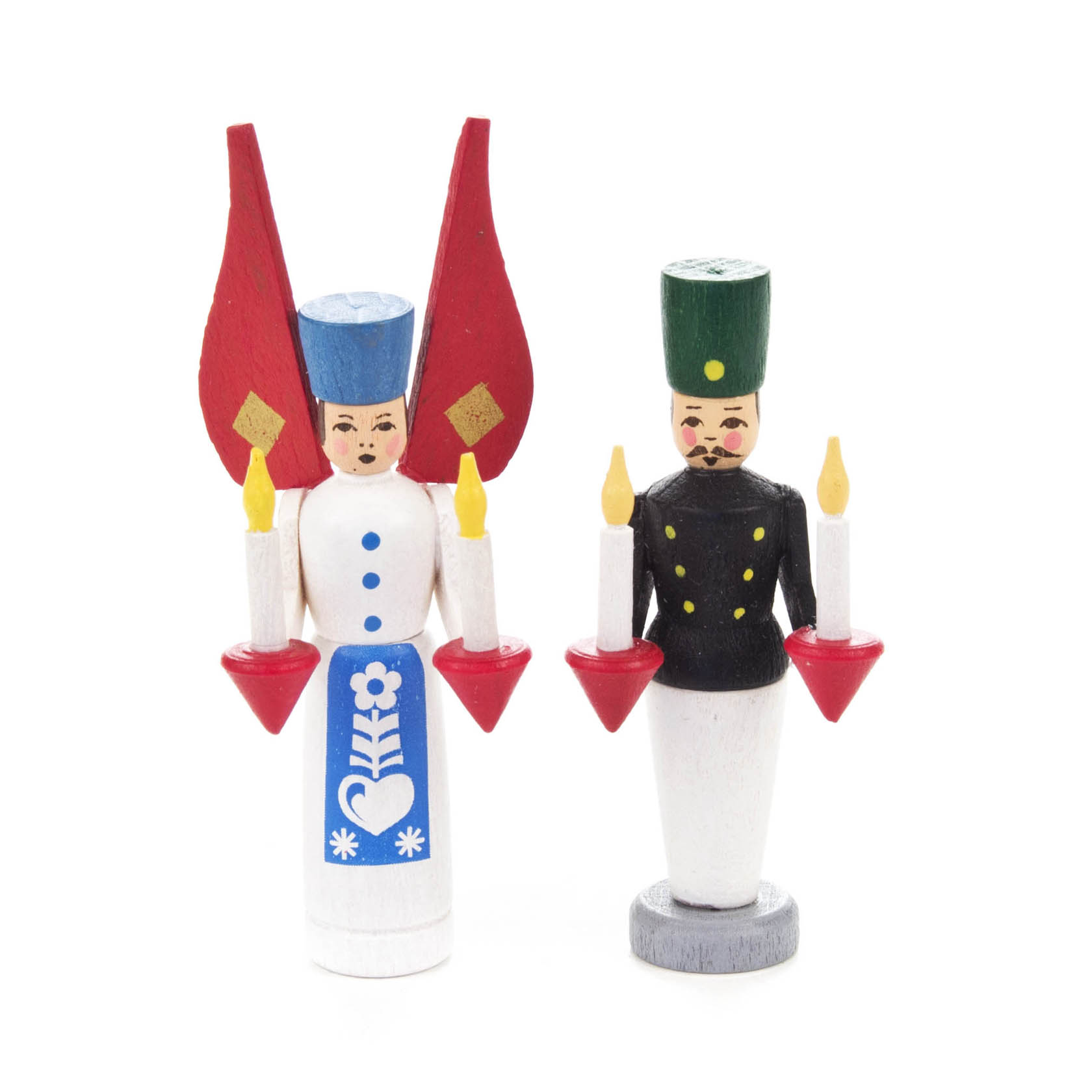 Zwei Miniaturfiguren aus Holz: ein Engel mit roten Flügeln und blauer Krone, hält zwei Kerzen, daneben ein Bergmann in grüner Mütze, ebenfalls mit Kerzen. im Dregeno Online Shop günstig kaufen