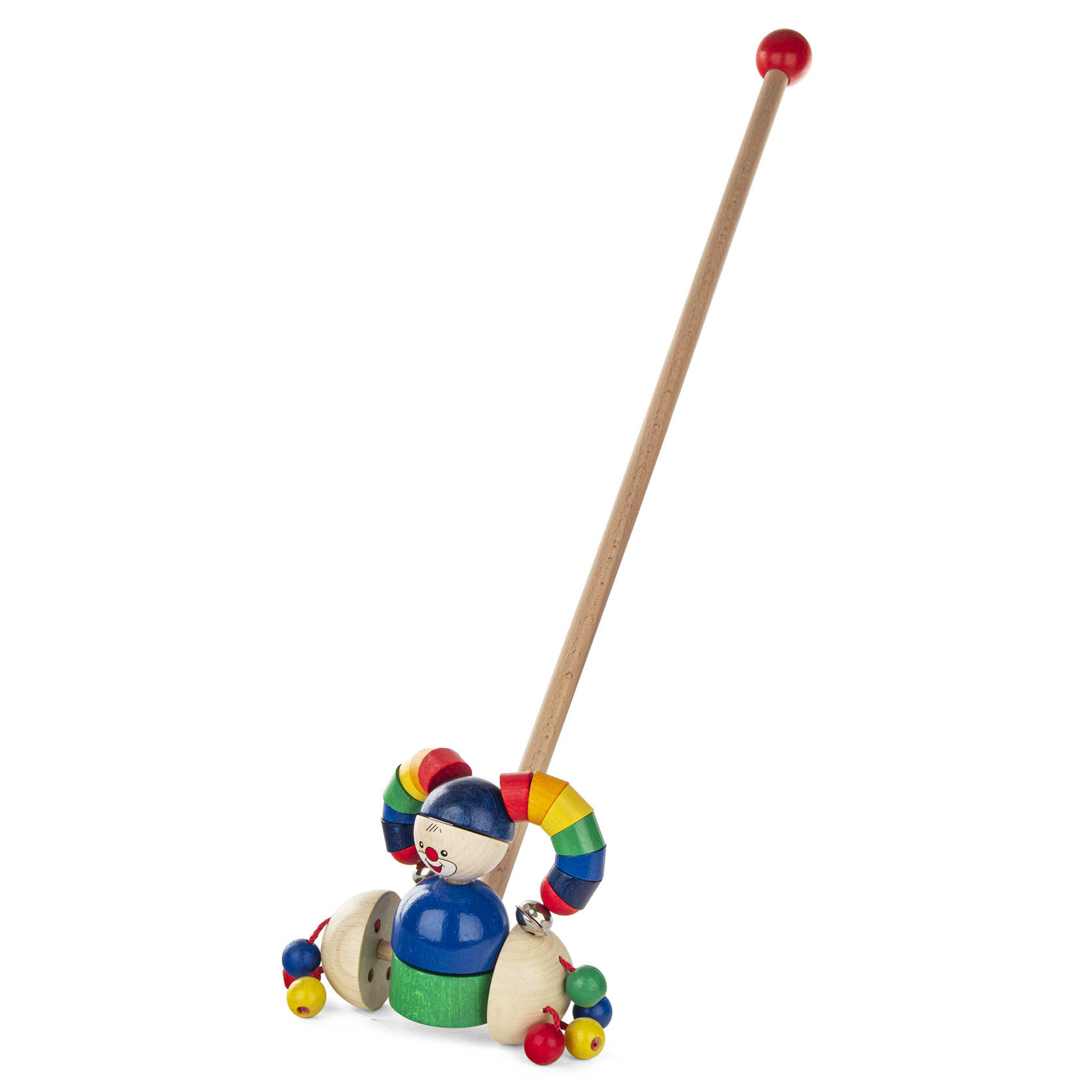 Ein hölzernes Schiebespielzeug mit einem Harlekin, farbigen Ringen und einem langen Stab mit rotem Knopfgriff. im Dregeno Online Shop günstig kaufen