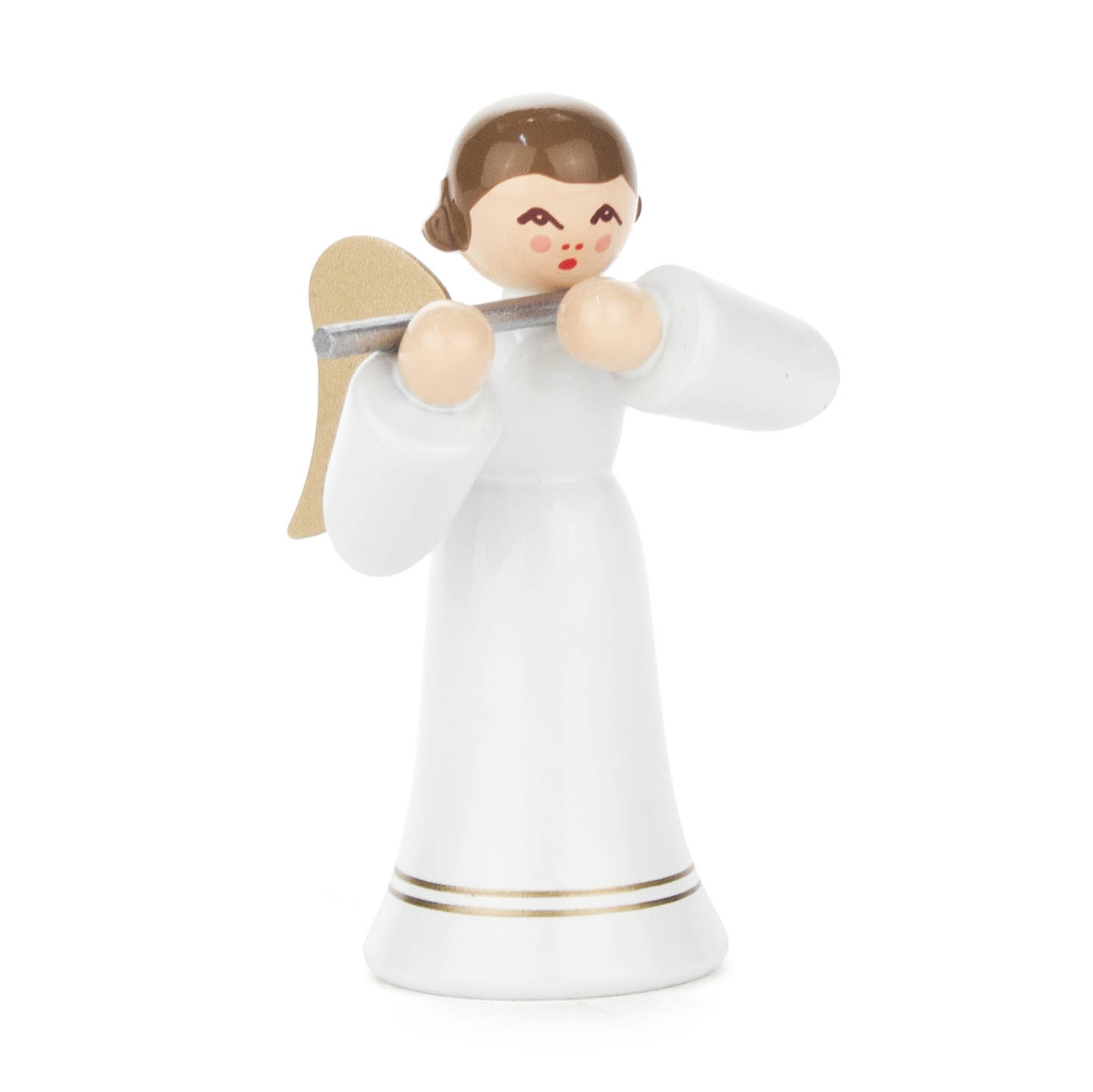 A small wooden angel figurine with brown hair, playing a silver flute. The angel wears a long, white robe with gold accents and has golden wings. im Dregeno Online Shop günstig kaufen