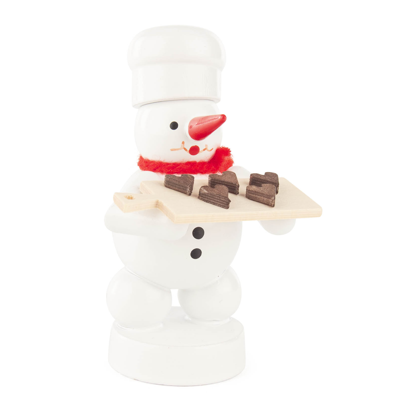 Ein Schneemann in Bäckeroutfit mit rotem Schal und weißer Bäckermütze hält ein Tablett mit mehreren Pfefferkuchenherzen. im Dregeno Online Shop günstig kaufen