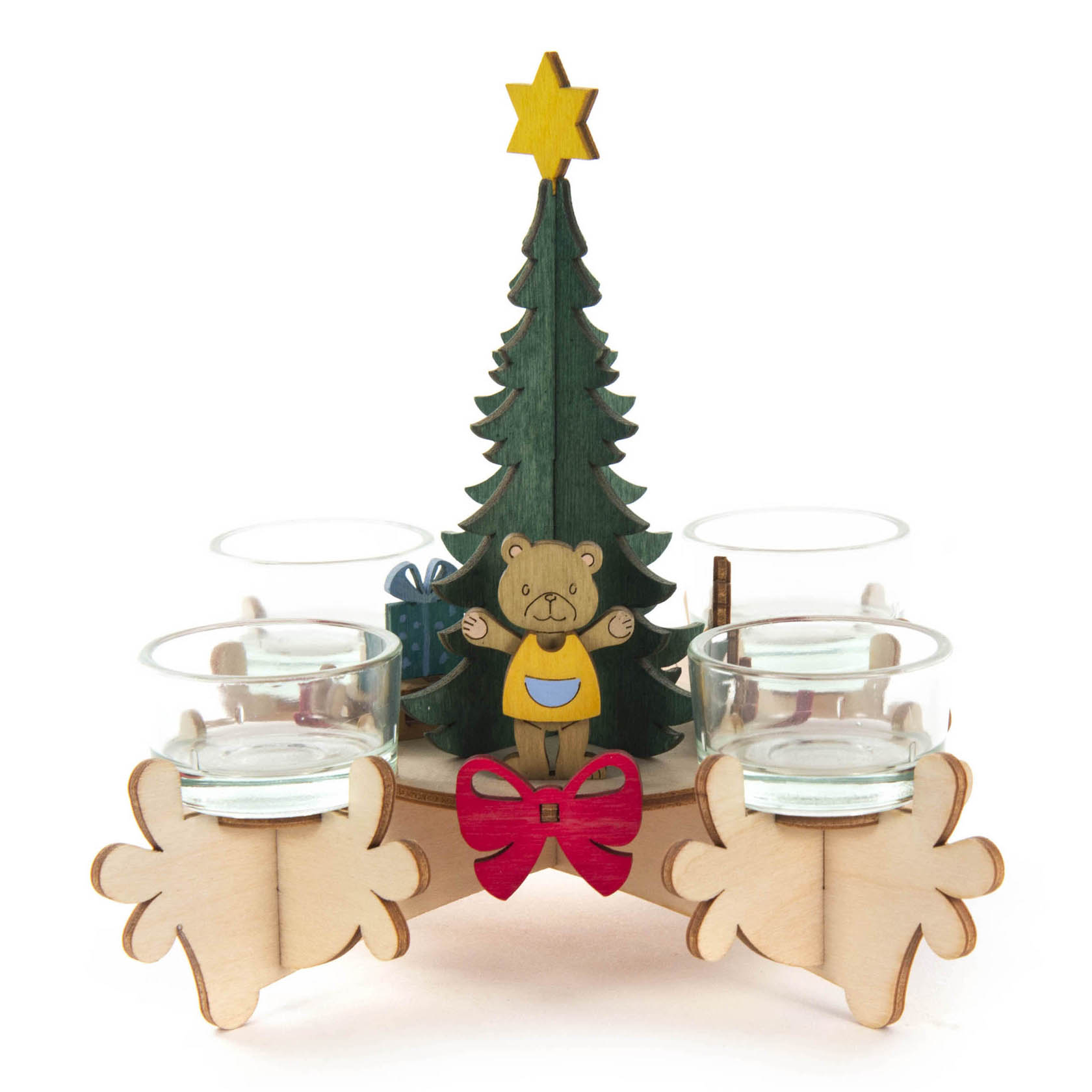 Wooden advent candelabrum featuring a Christmas tree with a bear ornament, surrounded by four glass candle holders on a decorative stand.