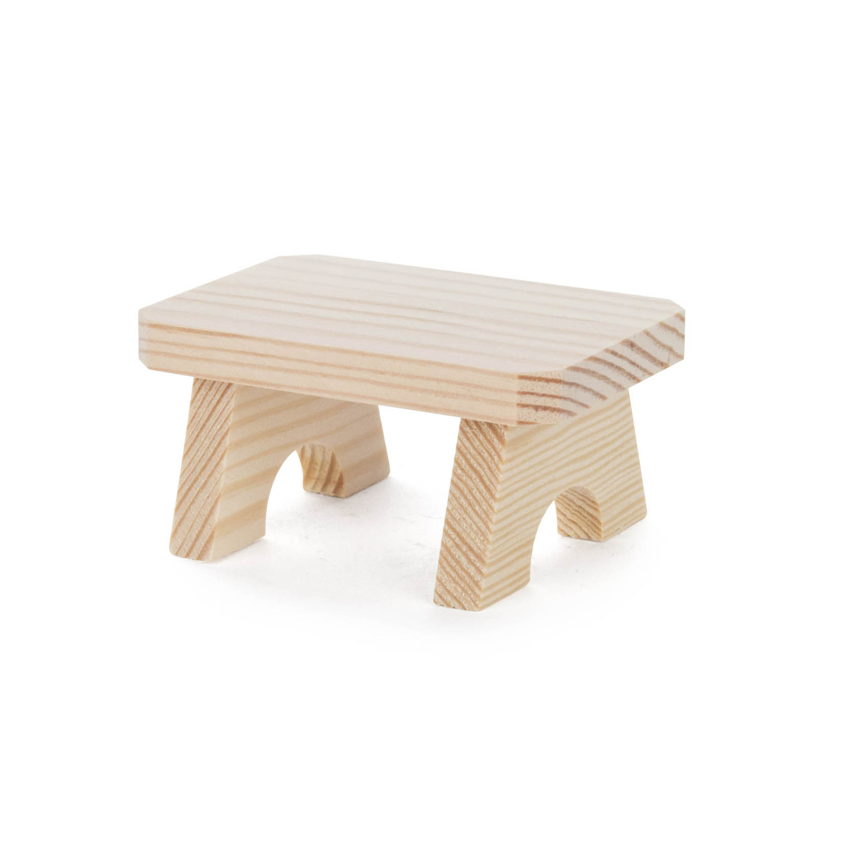 Eine kleine Bank aus hellen Holz, etwa 4 cm hoch, mit zwei soliden, schrägen Beinen. im Dregeno Online Shop günstig kaufen