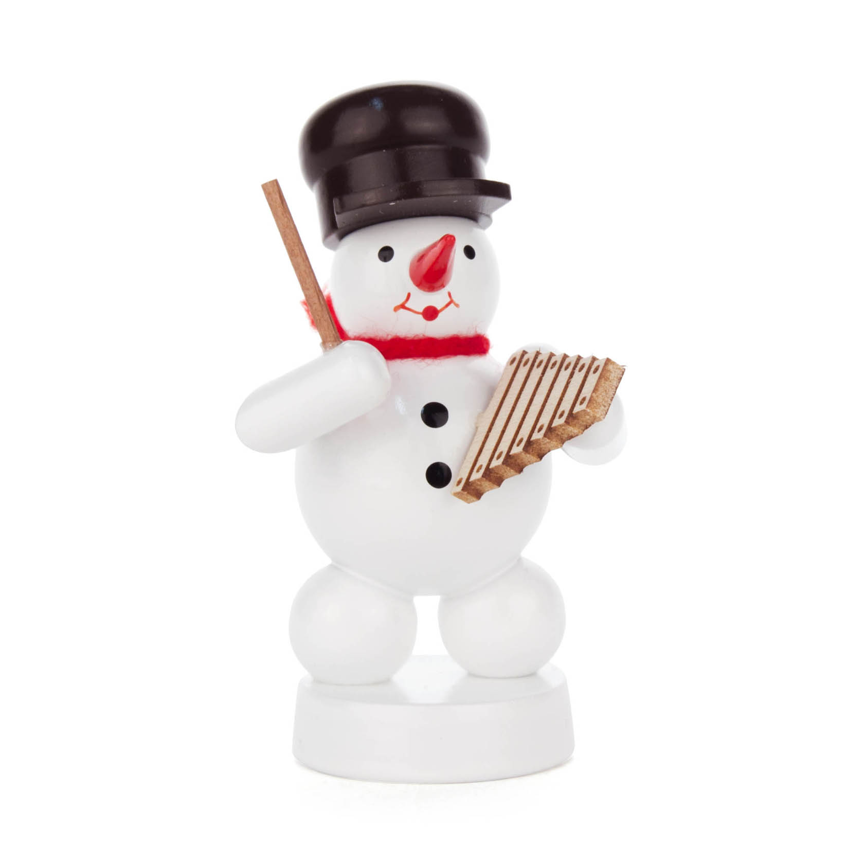 A small snowman figurine with a black top hat, red scarf, and carrot nose holding a wooden xylophone and stick. im Dregeno Online Shop günstig kaufen