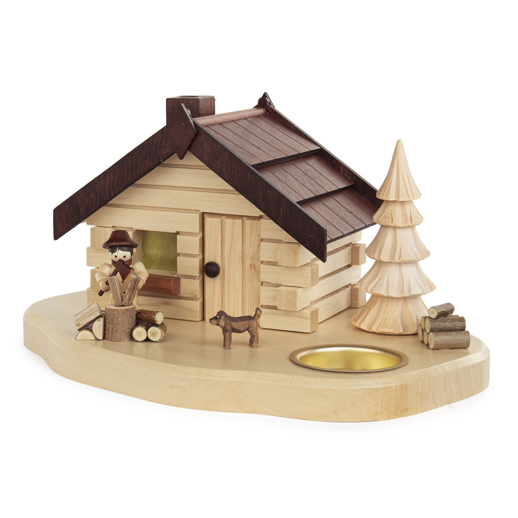 Ein hölzernes Räucherhaus mit einem Holzhacker mit Axt und einem Hund, neben einem Platz für ein Teelicht. Zwei kleine Holzbäume stehen neben dem Haus.