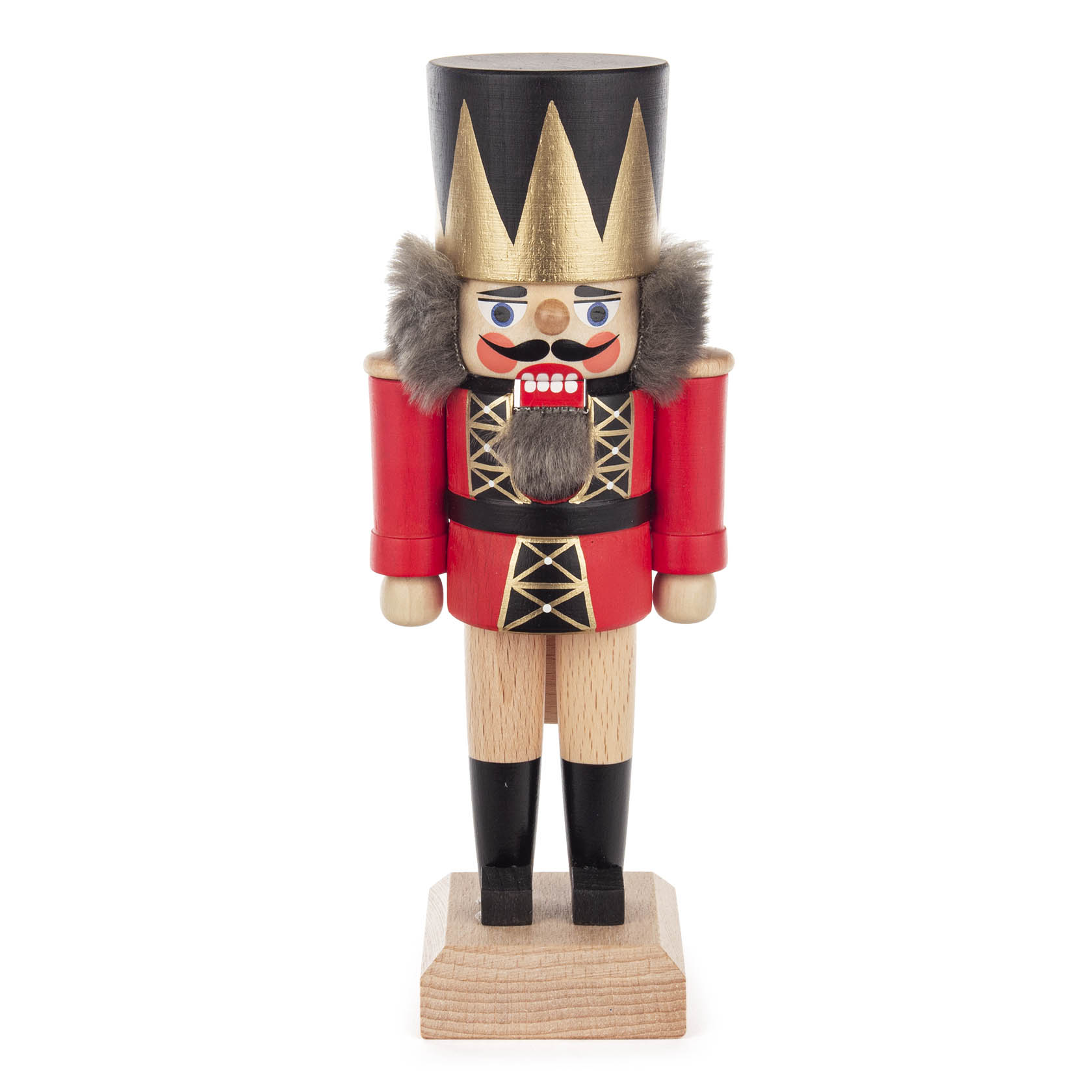 Roter Nussknacker in Königsuniform, goldene Krone, lange graue Haare und Bart, schwarze Stiefel, steht auf einem Holzsockel. im Dregeno Online Shop günstig kaufen