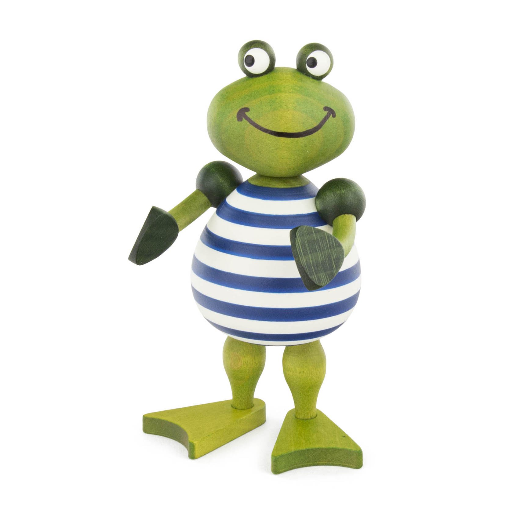 Holzfigur eines stehenden Frosches namens Berta mit gestreiftem blauen und weißen Oberkörper, grünen Armen, Beinen und einem lachenden Gesicht. im Dregeno Online Shop günstig kaufen
