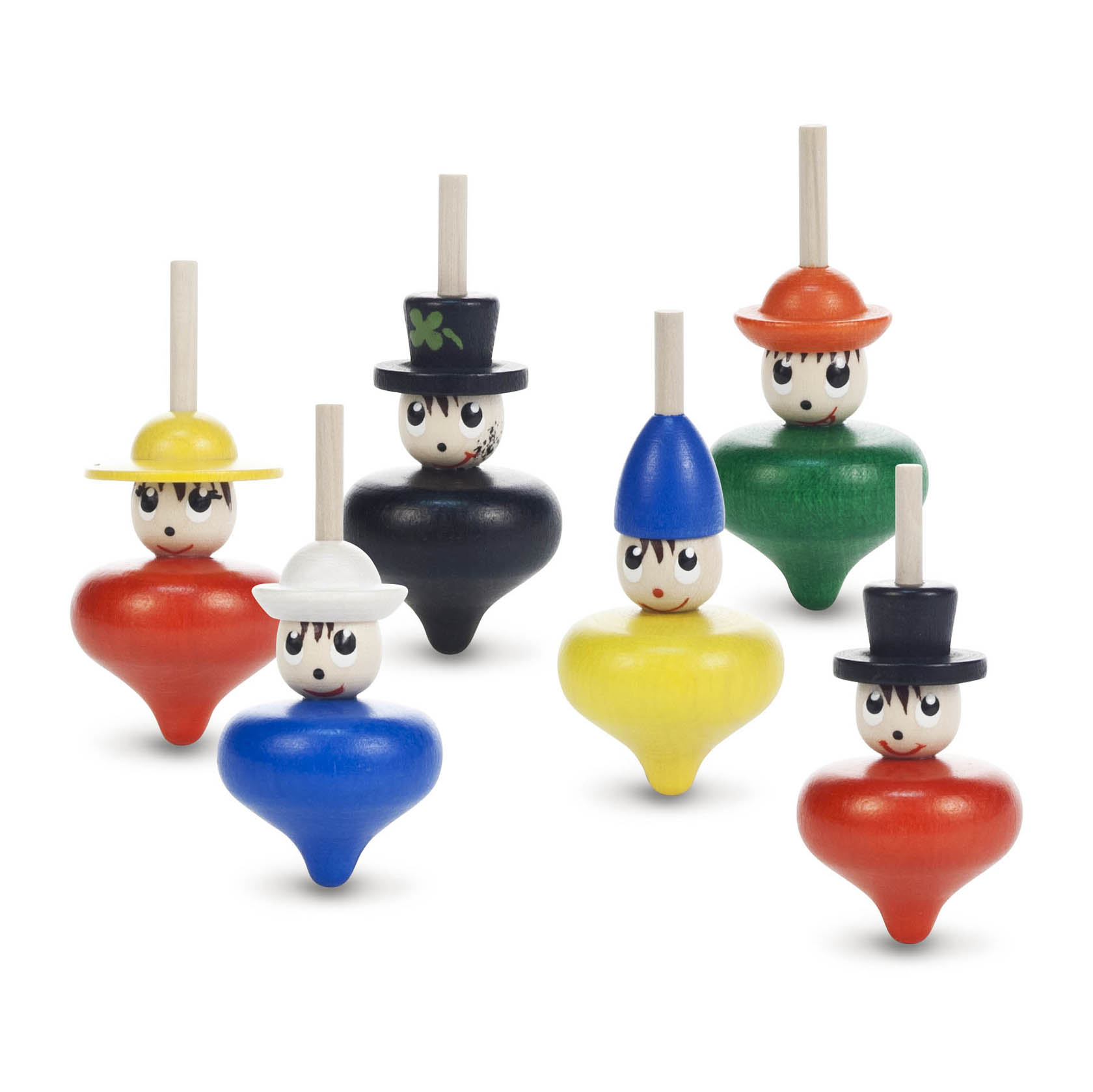 Sechs bunte Holz-Kreisel mit Gesichtern, bemalt als Figuren mit verschiedenen Hüten: zwei in Schwarz, einer in Blau, ein roter, ein gelber und ein grüner. im Dregeno Online Shop günstig kaufen