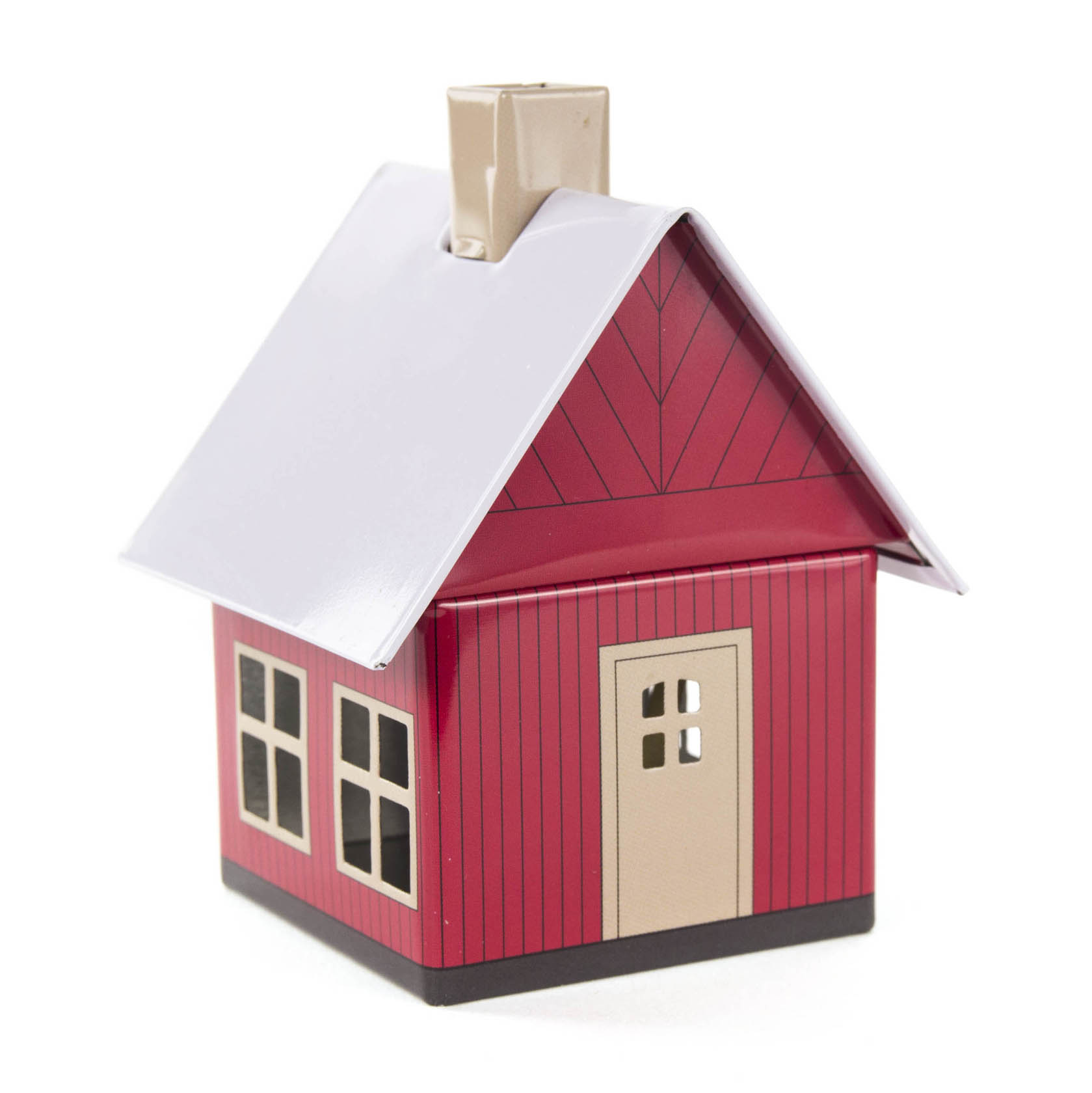 Kleines, rotbraunes Räucherhaus aus Metall in Form eines Waldhauses mit cremefarbenem Schornstein, Tür und weißen Satteldach. im Dregeno Online Shop günstig kaufen