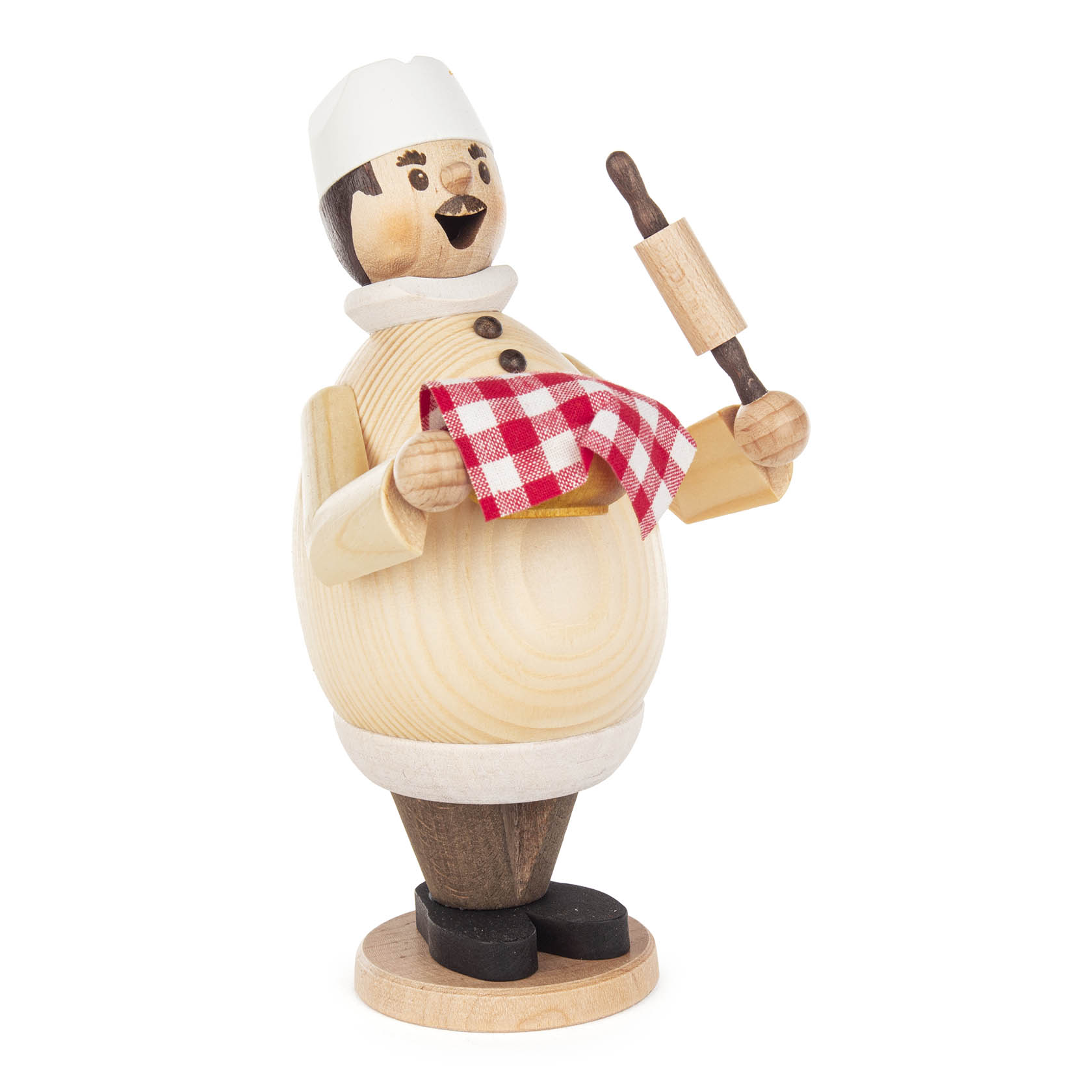 Holzrächermann in Form eines Bäckers mit weißer Mütze, beige Schürze und Nudelholz in der Hand, das mit einem roten karierten Tuch dekoriert ist. im Dregeno Online Shop günstig kaufen