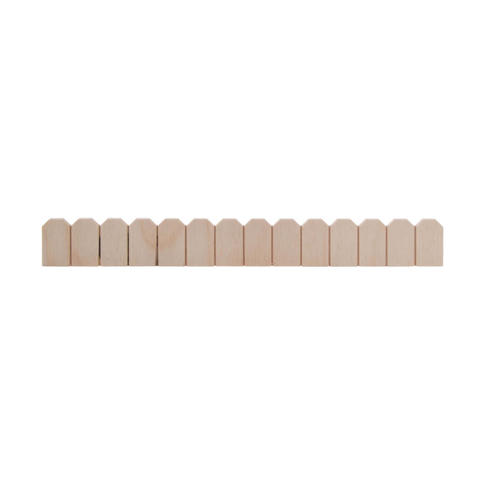 Eine Reihe aus 14 rechteckigen Sperrholz-Schindeln, jeder mit einem abgeschrägten oberen Ende, nebeneinander angeordnet. im Dregeno Online Shop günstig kaufen