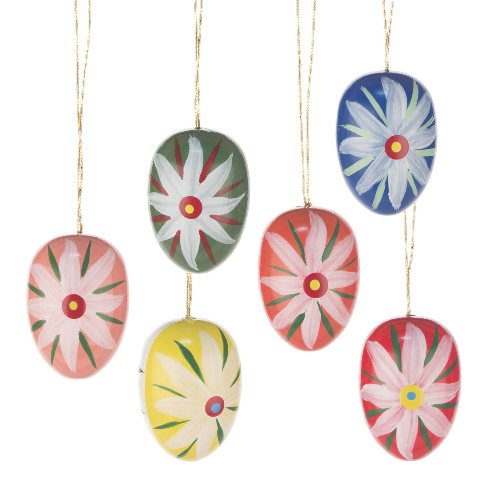 Sechs bunt bemalte Ostereier mit großen weißen Blumenmustern, hängend an goldenen Fäden. im Dregeno Online Shop günstig kaufen