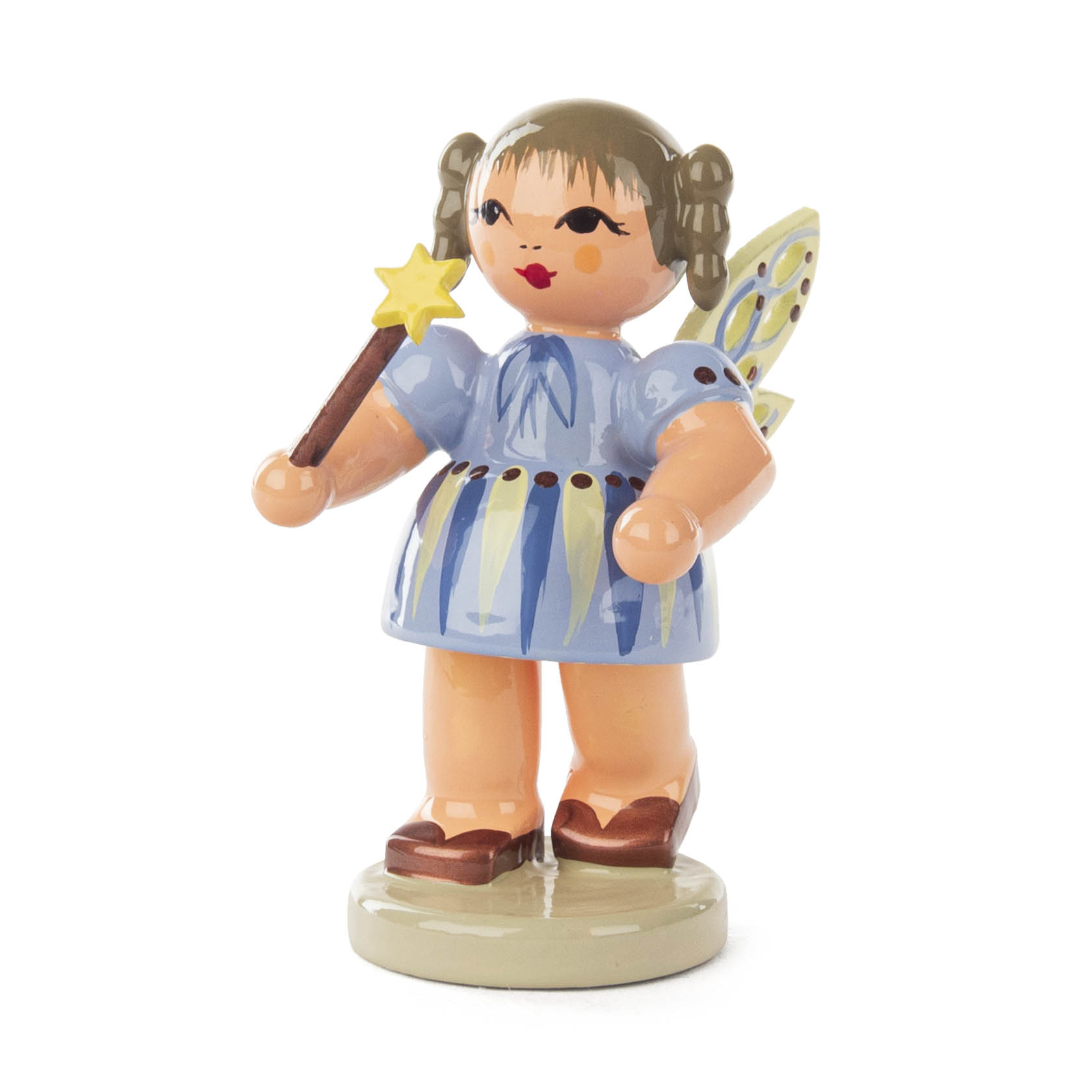 A figurine of a fairy named Saphira Sternenglanz holding a star wand, with star-shaped wings and a blue dress.