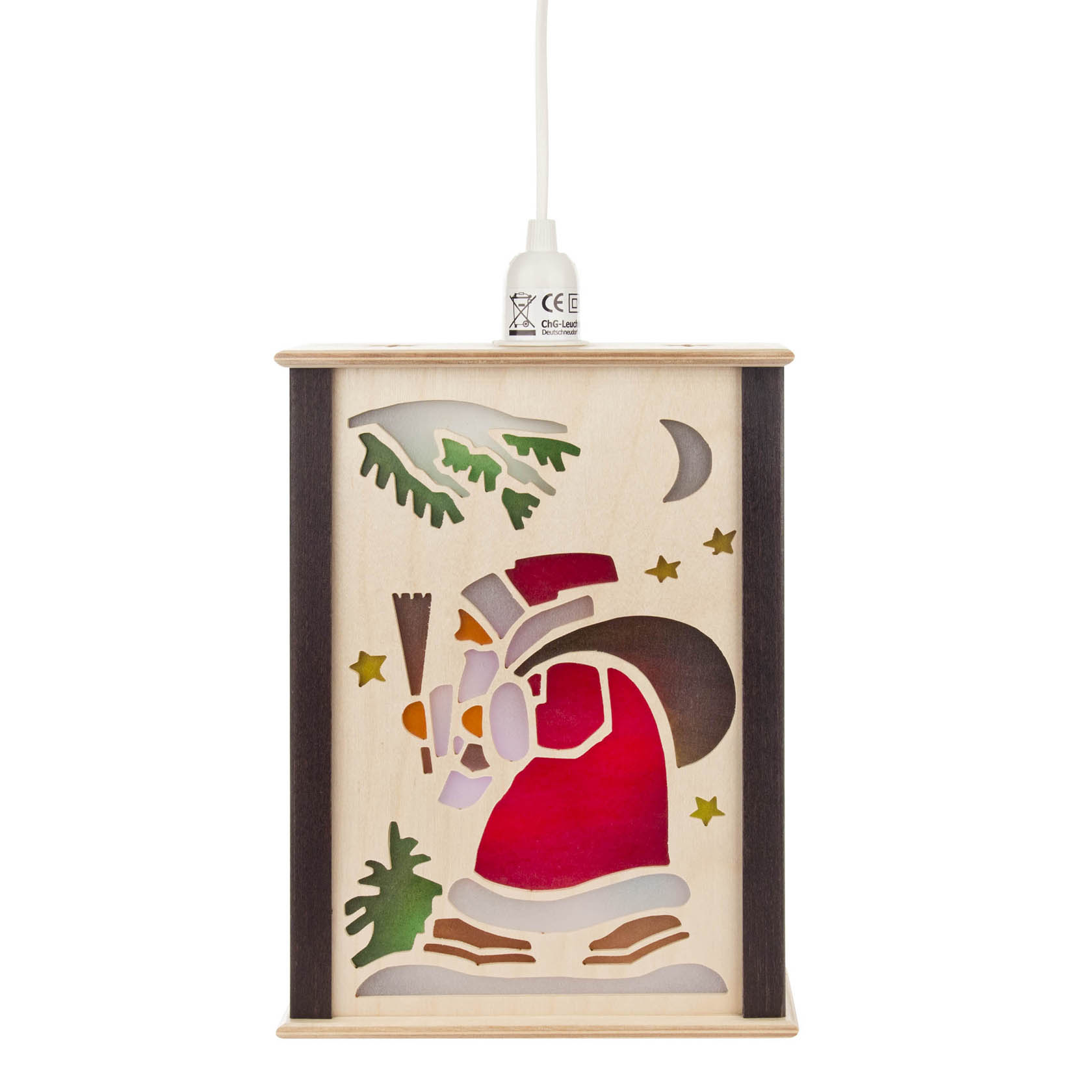 Eine hölzerne Fensterlaterne für Kinder mit einem Weihnachtsmannmotiv, der in einem roten Anzug unter Sternen und einem Tannenbaumzweig abgebildet ist. im Dregeno Online Shop günstig kaufen
