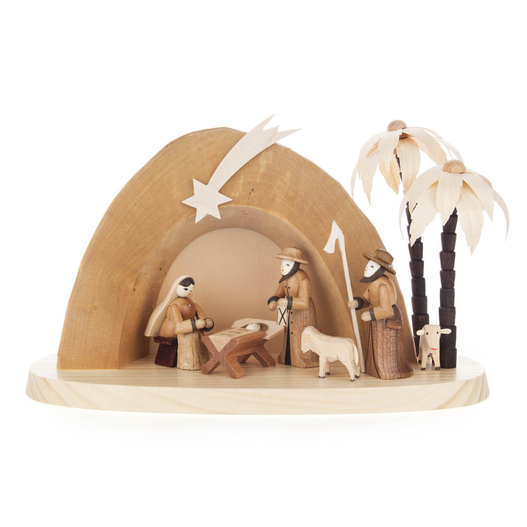 Holz-Weihnachtskrippe mit Maria, Josef, dem Jesuskind in der Krippe, einem Hirten, einem Schaf und zwei Palmen; ein Kometenstern leuchtet darüber. im Dregeno Online Shop günstig kaufen