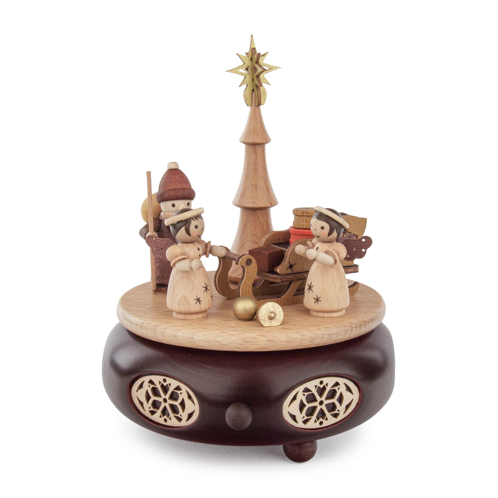 Holzspieldose mit Figuren, darunter zwei Engel, ein hölzerner Baum mit Stern, Geschenke und Musikinstrumente; spielt 'Oh du fröhliche'. im Dregeno Online Shop günstig kaufen