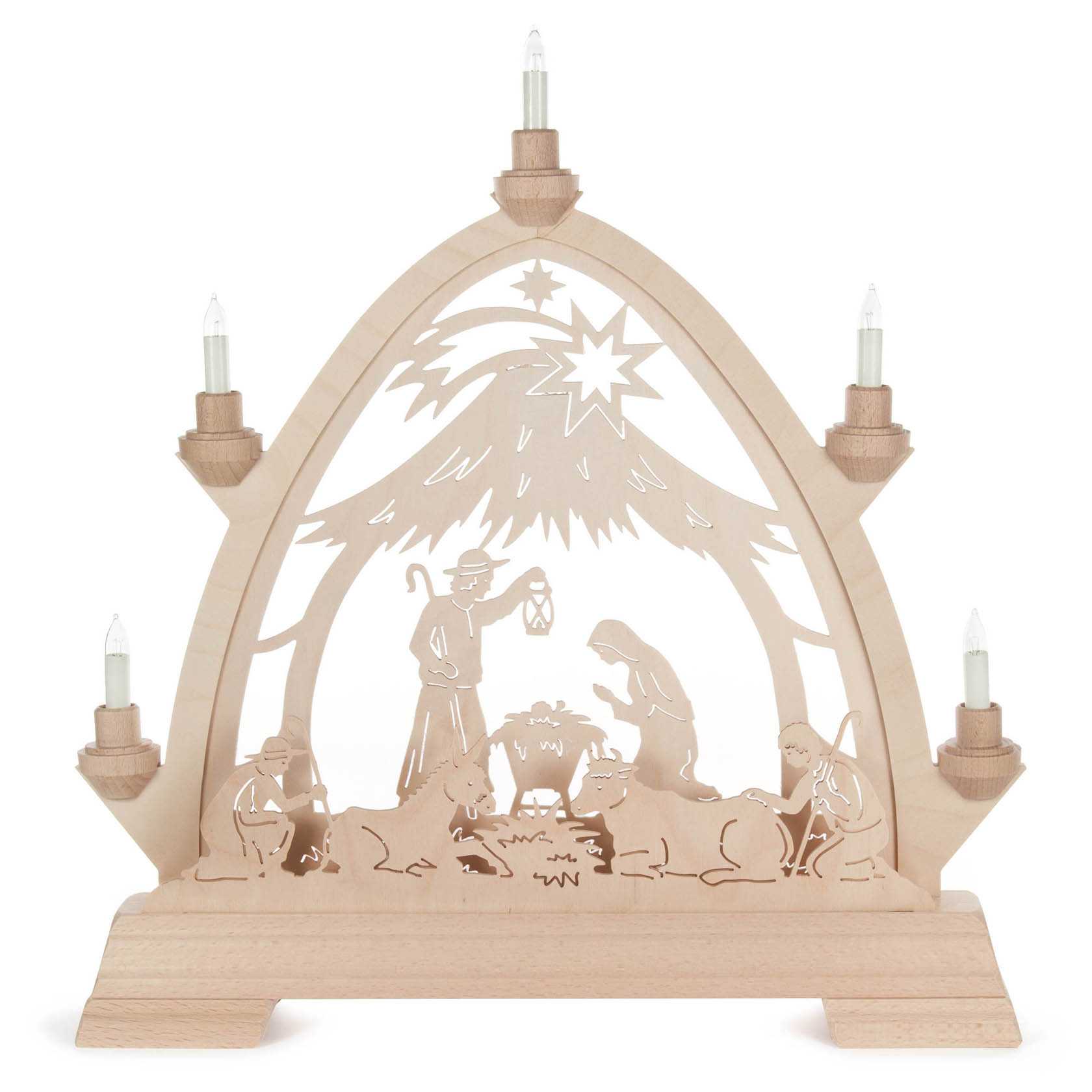 Holzkunstwerk mit gotischem Bogen zeigt die Geburt Christi: Maria, Josef und das Jesuskind umgeben von mehreren Figuren, oben leuchtet ein Stern. im Dregeno Online Shop günstig kaufen