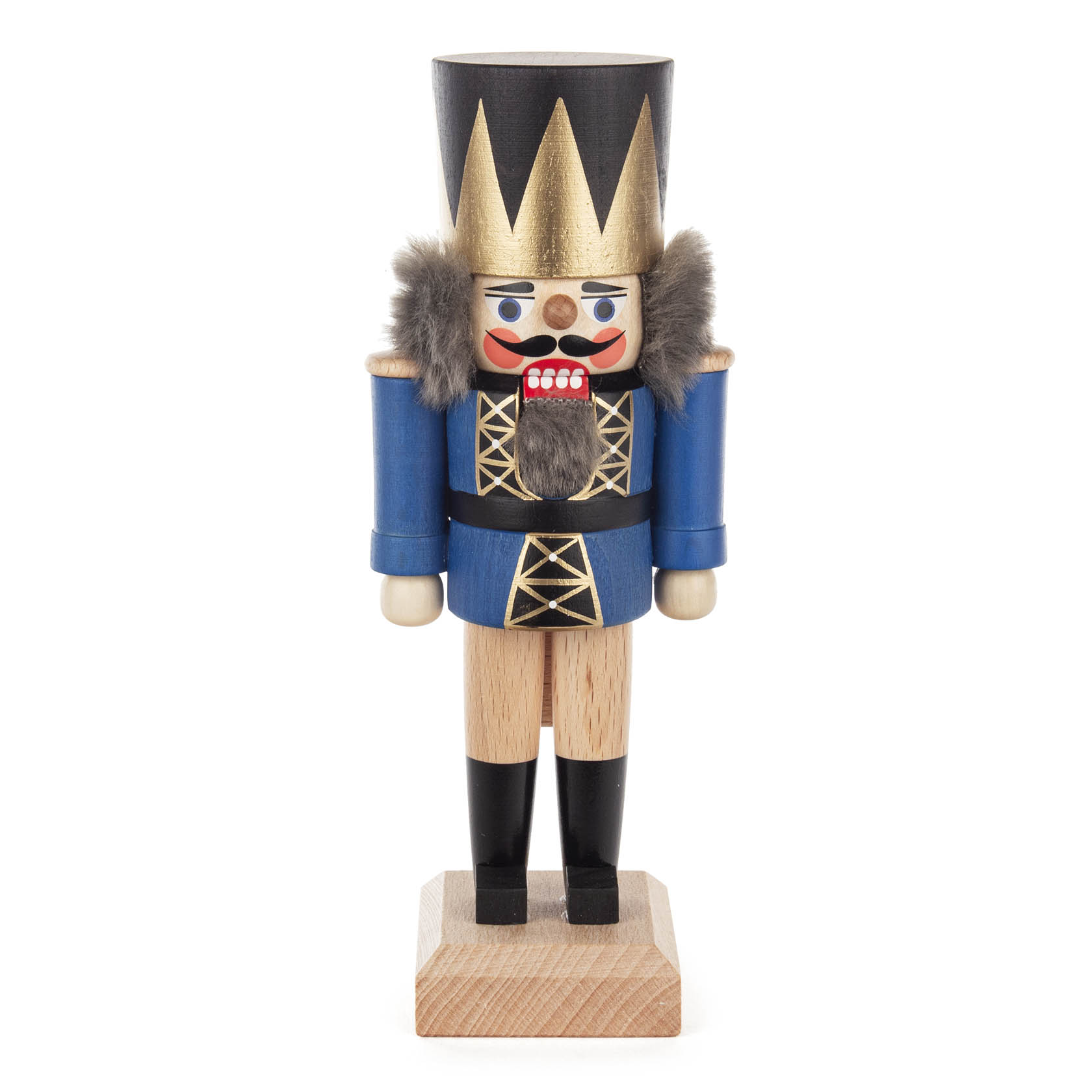 Ein blauer Nussknacker in der Form eines Königs, 19 cm hoch, mit einem goldenen Krönchen und roten Lippen, trägt eine blaue Uniform und schwarze Stiefel. im Dregeno Online Shop günstig kaufen