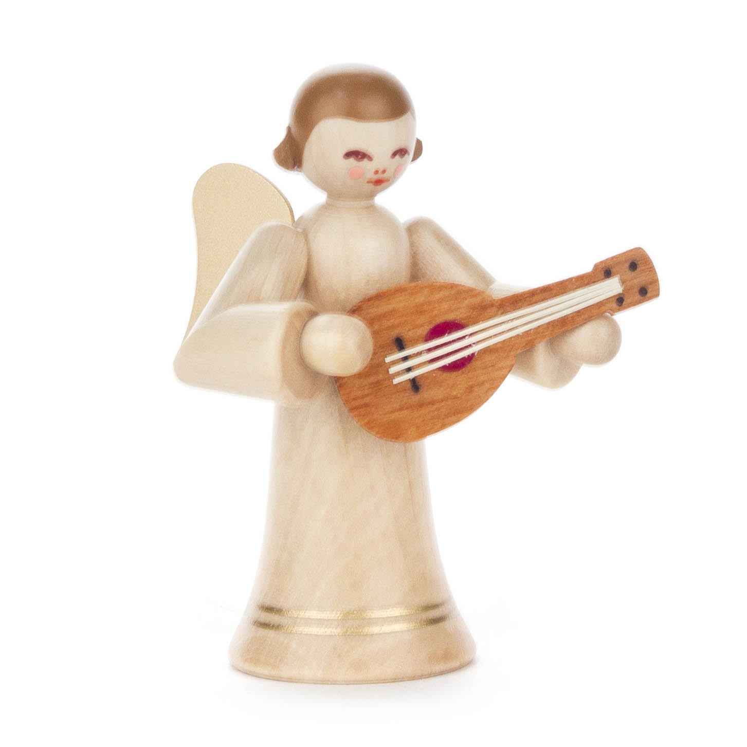 Holzengel mit braunem Haar und Flügeln spielt eine Mandoline, trägt einen langen, naturbelassenen Rock. im Dregeno Online Shop günstig kaufen