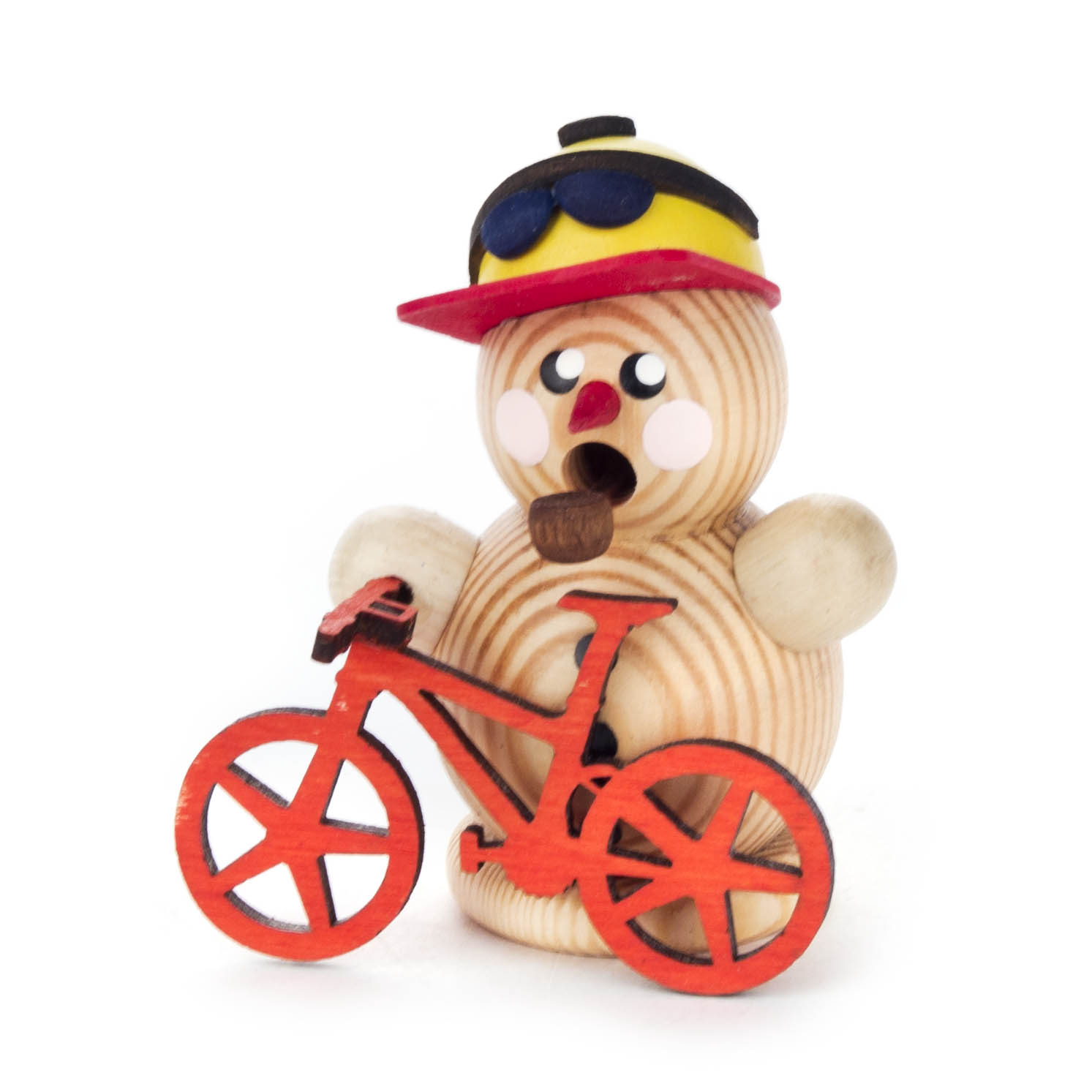 Ein Holzmännchen als Räuchermann verkleidet als Mountainbiker, trägt eine gelbe Kappe mit Brille und hält ein rotes Fahrrad. im Dregeno Online Shop günstig kaufen