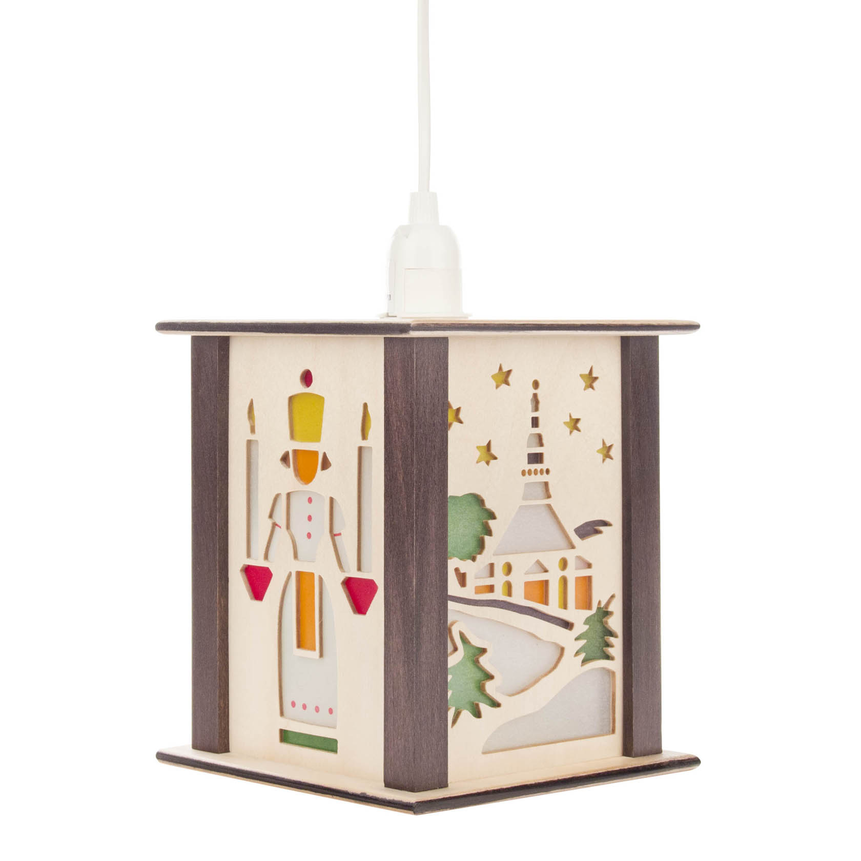 Dekorative Laterne aus Holz mit Seiffener Kirche Motiv und traditioneller Figur, seitlich mit Kerzenhaltern verziert, an einem Kabel befestigt. im Dregeno Online Shop günstig kaufen