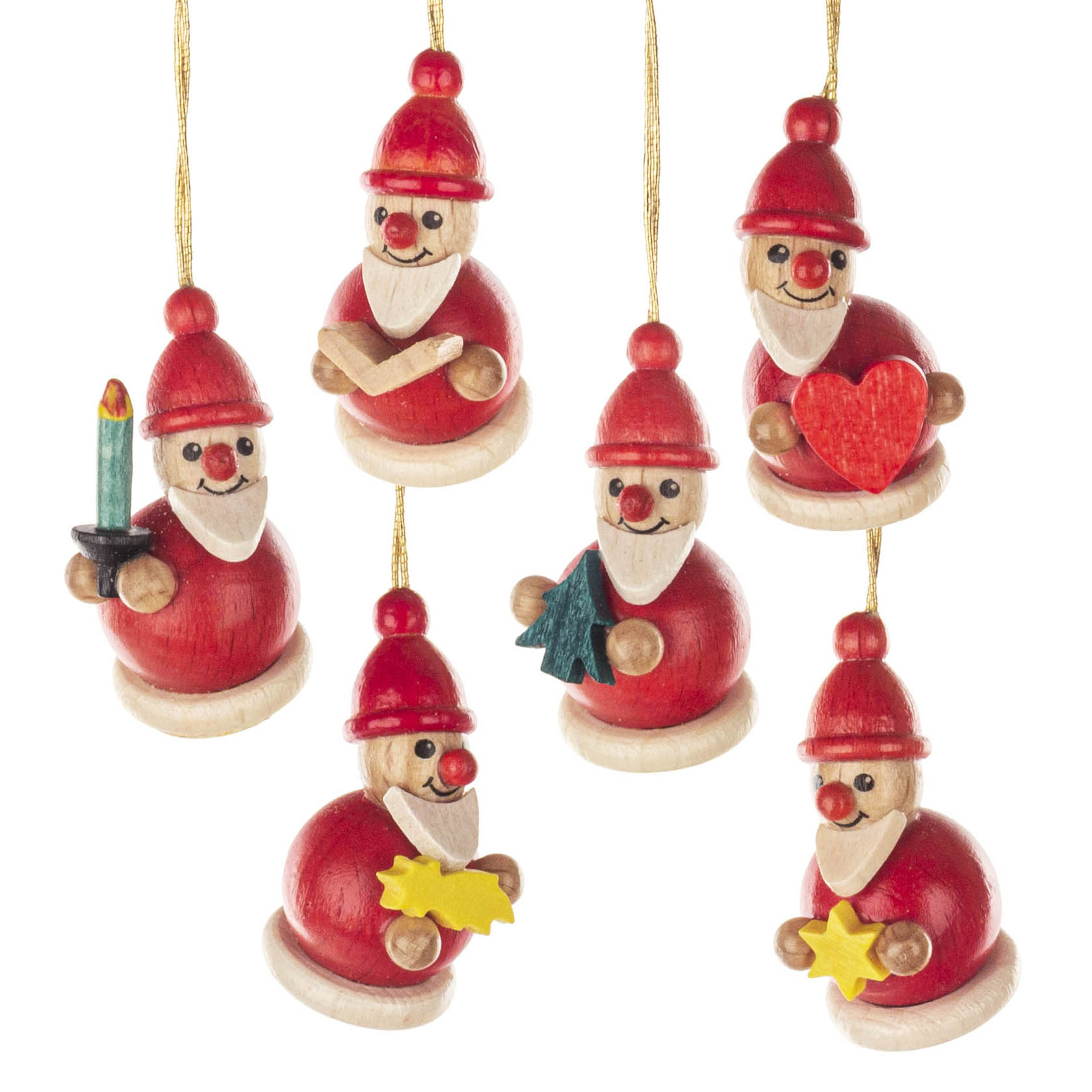 Sechs hölzerne Weihnachtsmann-Ornamente in Rot, jeweils mit einem anderen Accessoire: Kerze, verschränkte Arme, Herz, Tannenbaum, Weihnachtsstern und weiteres Herz. im Dregeno Online Shop günstig kaufen