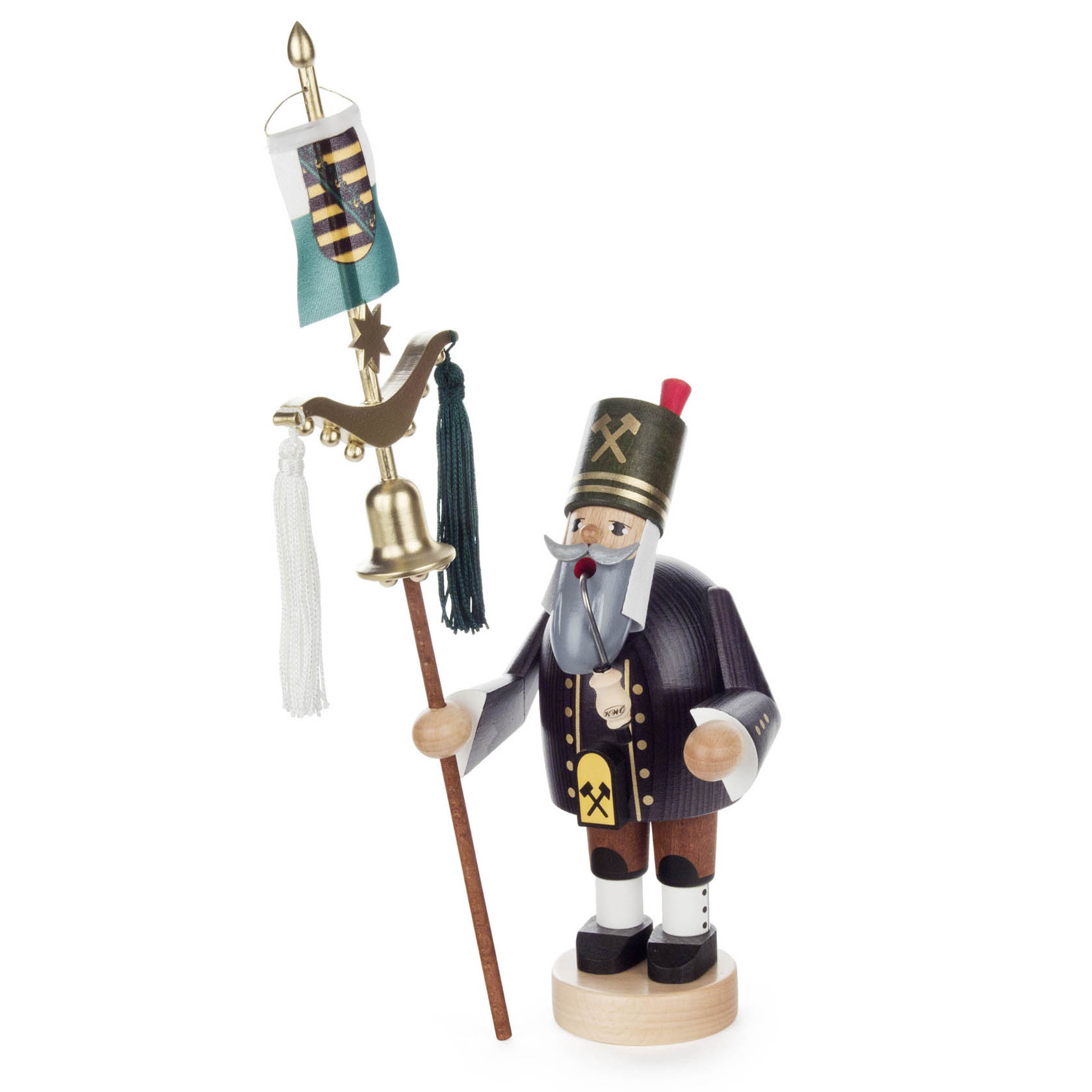 Ein traditioneller Räuchermann in Form eines Bergmanns mit einem Schellenbaum und einer Fahne, trägt typische Bergmannskleidung und einen langen Bart. im Dregeno Online Shop günstig kaufen