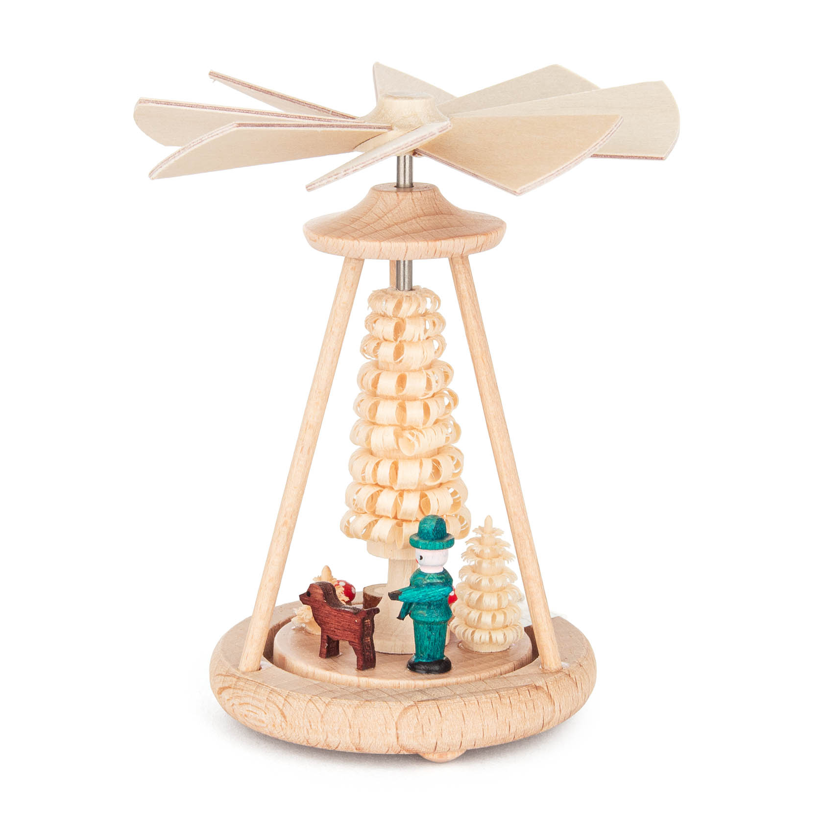 Ein hölzernes Wärmespiel mit einem kleinen Jäger in grüner Kleidung und einem Reh. Über ihnen dreht sich ein Flügelrad. im Dregeno Online Shop günstig kaufen
