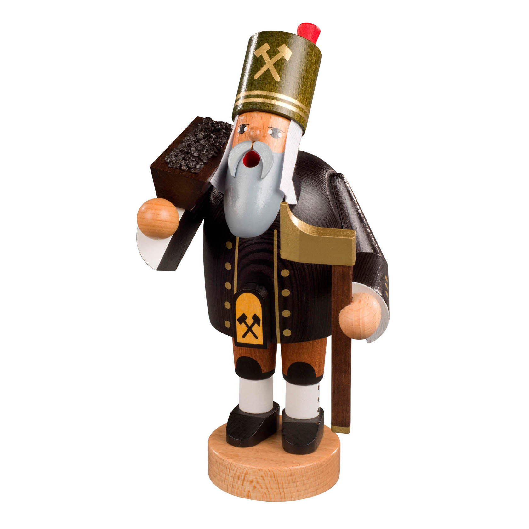 Holzfigur eines traditionellen Räuchermanns in Form eines Bergmanns, etwa 20 cm groß, mit grauem Bart, schwarzem Anzug und Goldverzierungen, hält ein Stück Erz. im Dregeno Online Shop günstig kaufen