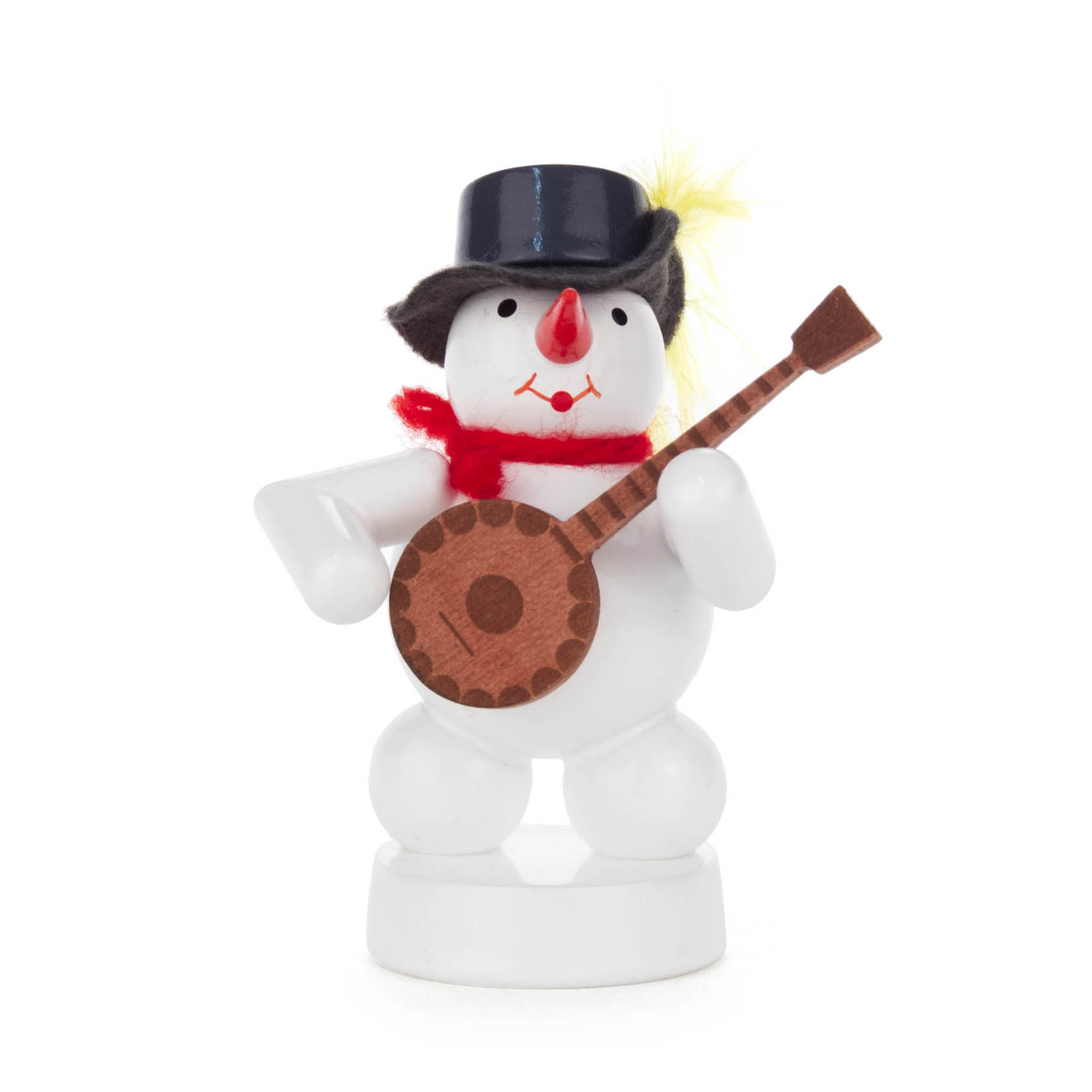 A cute snowman figure wearing a black top hat and red scarf, holding a banjo, with a yellow feather in its hat. im Dregeno Online Shop günstig kaufen