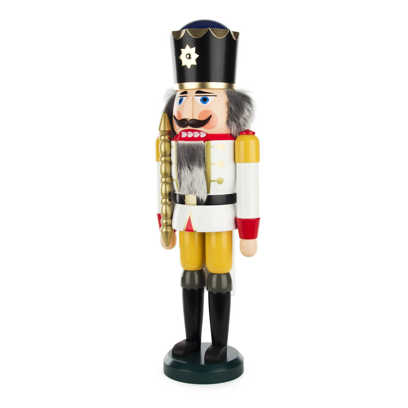 Ein traditioneller Nussknacker in Form eines Königs mit weißer Uniform, schwarzem Hut, goldenem Zepter und detailliertem Gesicht. Er ist 39 cm groß.
