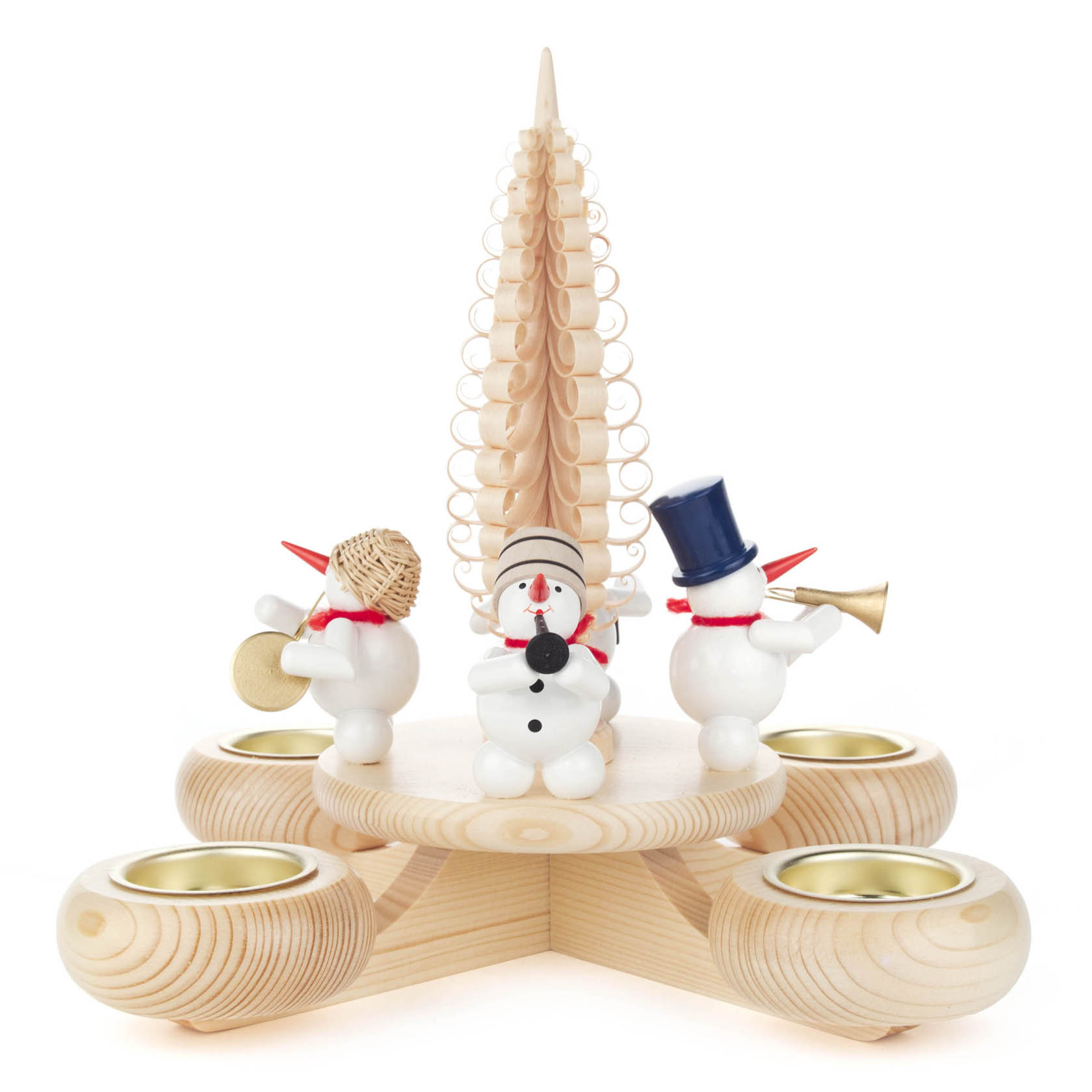 A wooden Advent candle holder with natural wood and white snowmen playing instruments, surrounding a spiral tree, designed for tea lights. im Dregeno Online Shop günstig kaufen