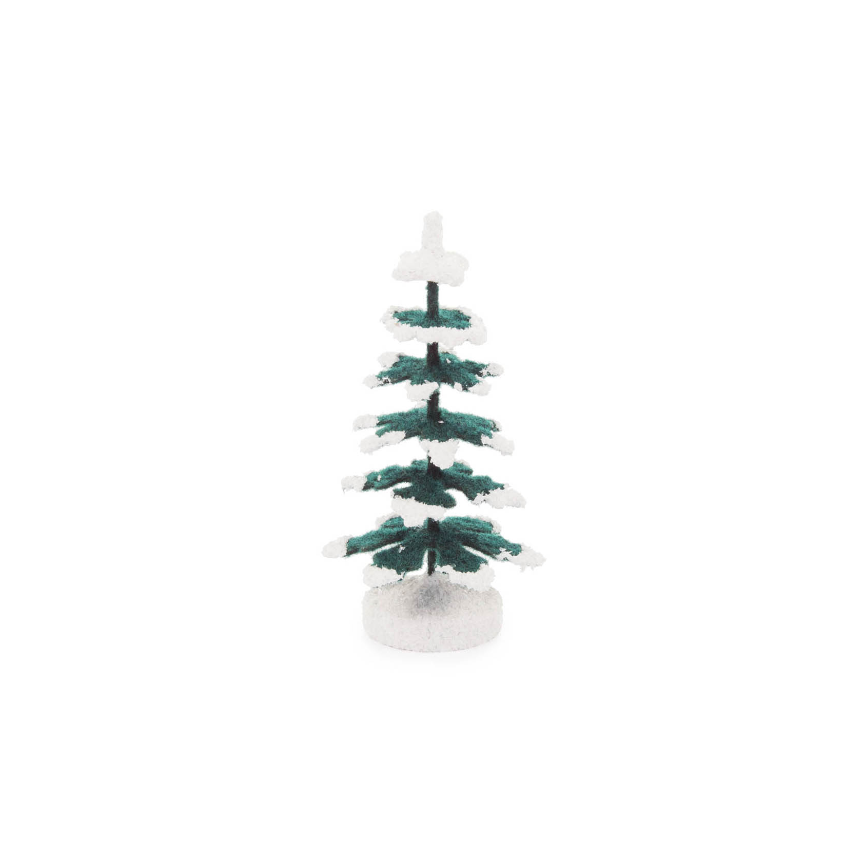 Kleiner Modellbaum einer Fichte, grün mit weißer Schneebedeckung, auf einem runden Sockel stehend. Der Baum ist 8 cm hoch. im Dregeno Online Shop günstig kaufen