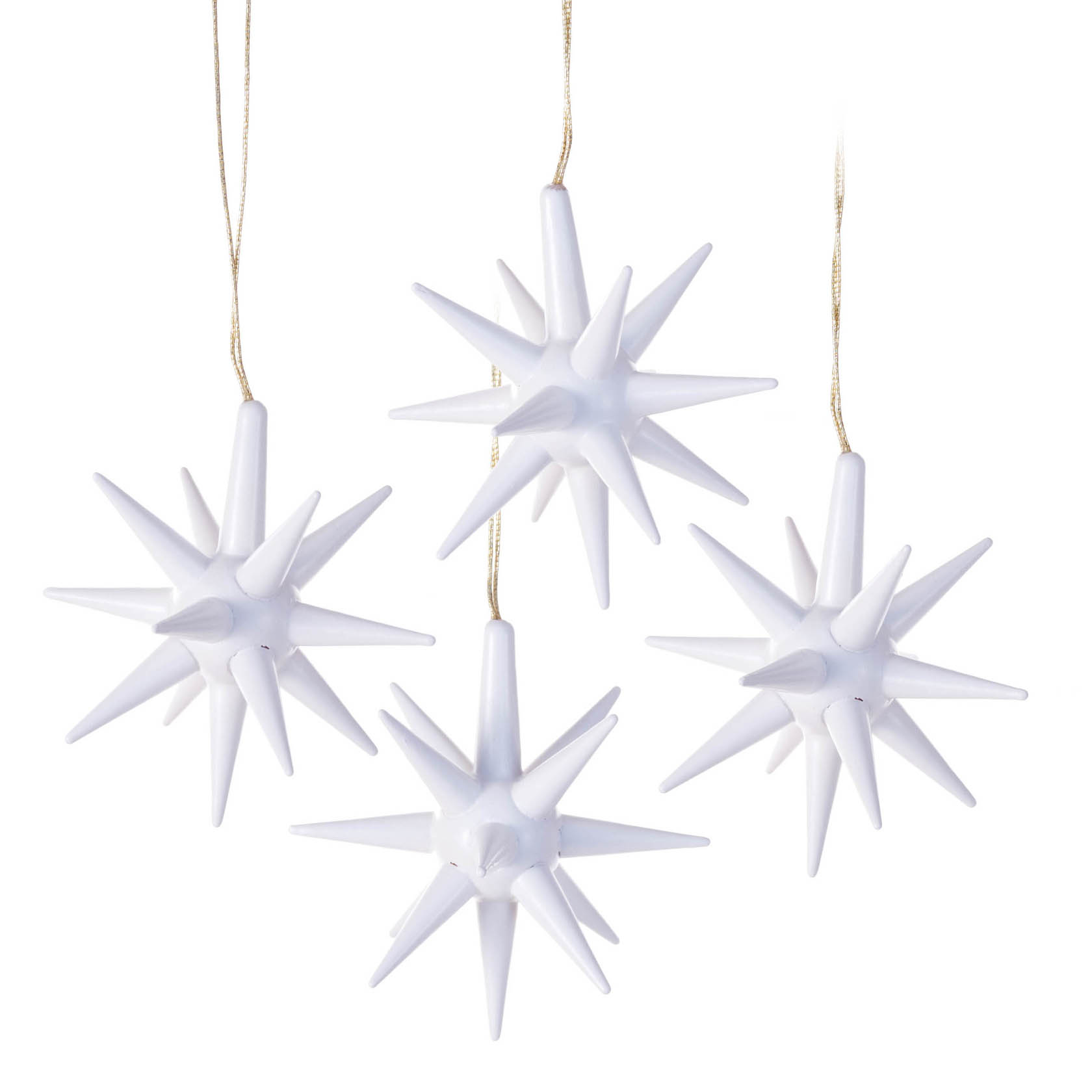 Vier weiße, sternförmige Ornamente, die an goldenen Fäden aufgehängt sind. im Dregeno Online Shop günstig kaufen