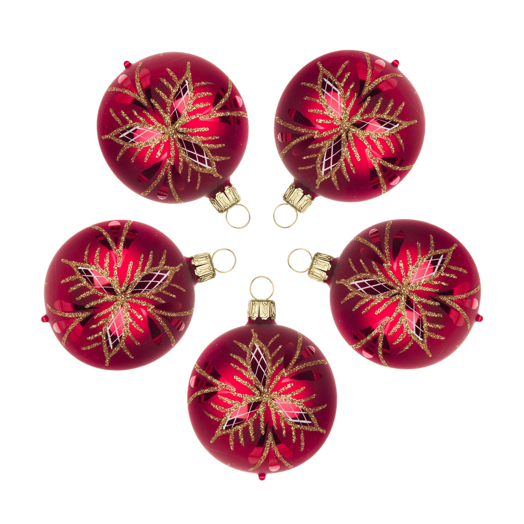 Fünf rote, matte Christbaumkugeln mit goldenem Waffelmuster und Sternenmotiv, jede mit einer goldfarbenen Aufhängung, symmetrisch angeordnet. im Dregeno Online Shop günstig kaufen