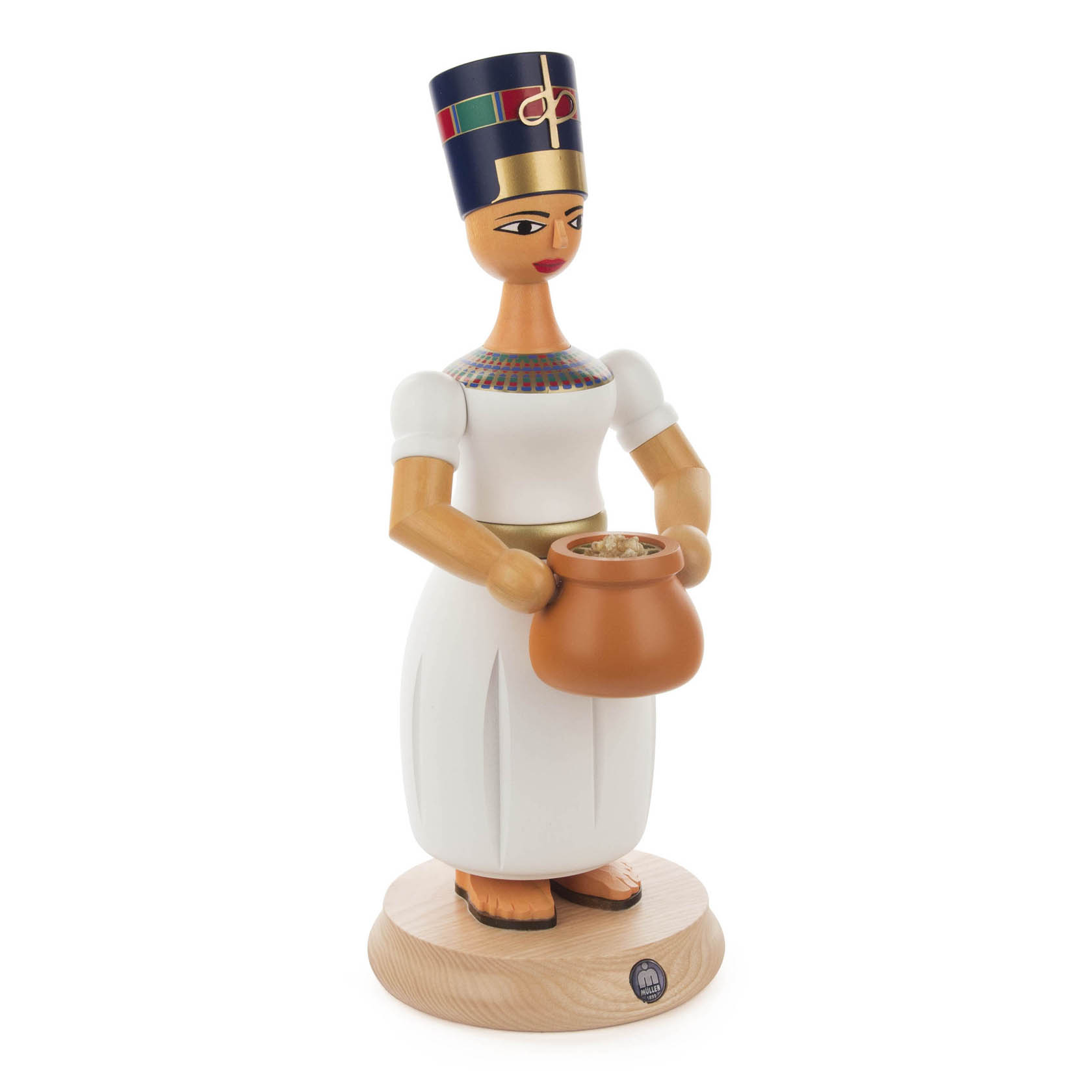 Wooden figurine of Nefertiti in a traditional Egyptian attire, holding an incense pot.