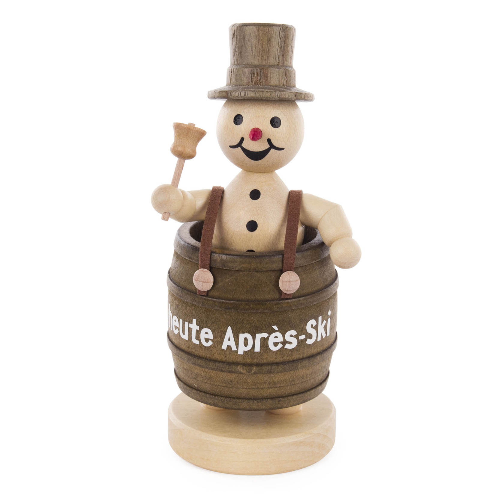 Holzfigur eines Schneemanns mit Zylinder und Pfeife, der in einem Fass steht. Auf dem Fass steht 'Heute Après-Ski'. im Dregeno Online Shop günstig kaufen