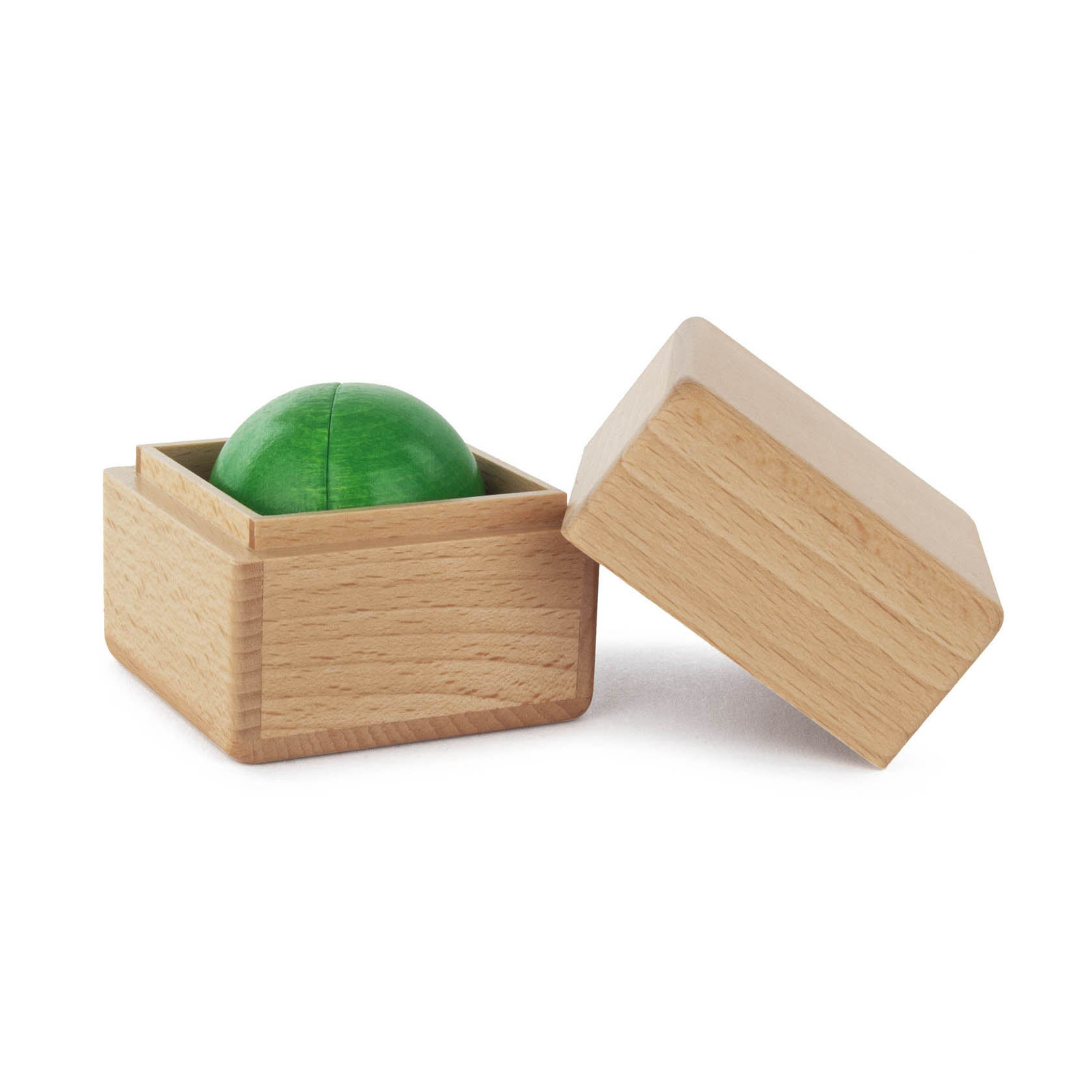 Eine hellgrüne Holzkugel in einem geöffneten Holzkästchen aus hellem Holz. im Dregeno Online Shop günstig kaufen