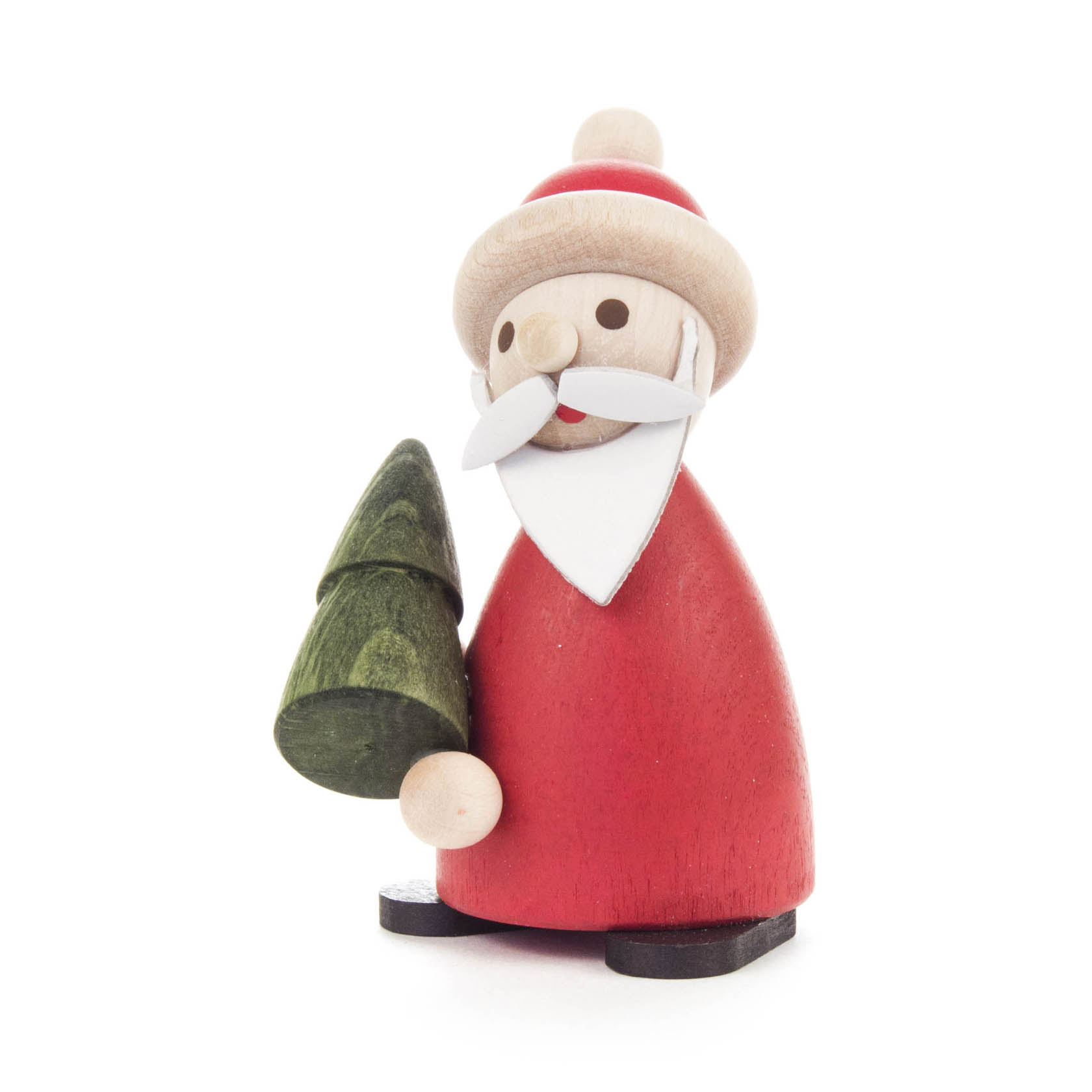 Eine holzgeschnitzte Figur von Ruprecht in rotem Mantel, mit weißem Bart und Mütze, hält einen grünen, kleinen Baum in der rechten Hand. im Dregeno Online Shop günstig kaufen