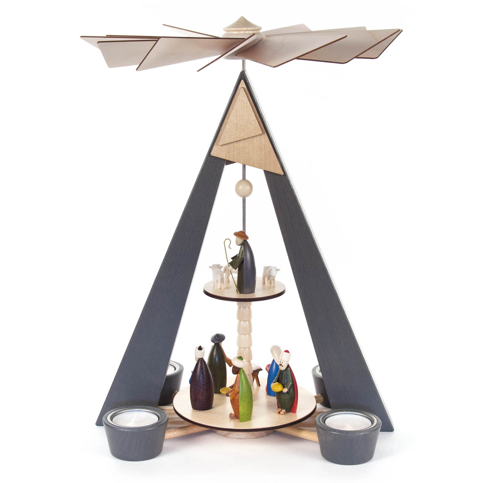 Two-tier Christmas pyramid with a nativity scene and colorful figurines, designed for tealights, featuring a triangular wooden frame.
