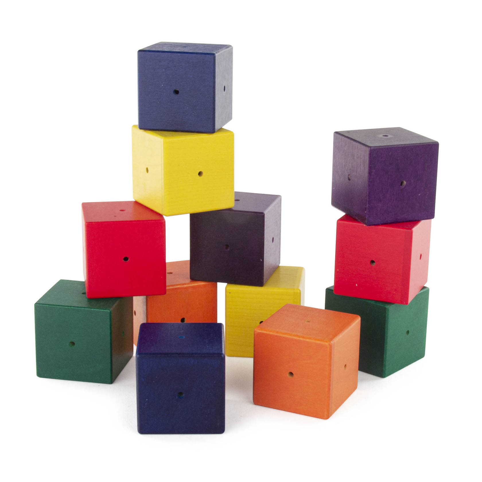 Zwölf bunte, hölzerne Bauklötze, die teilweise gestapelt sind. Die Klötze sind in den Farben Blau, Gelb, Rot, Lila, Grün und Orange. im Dregeno Online Shop günstig kaufen