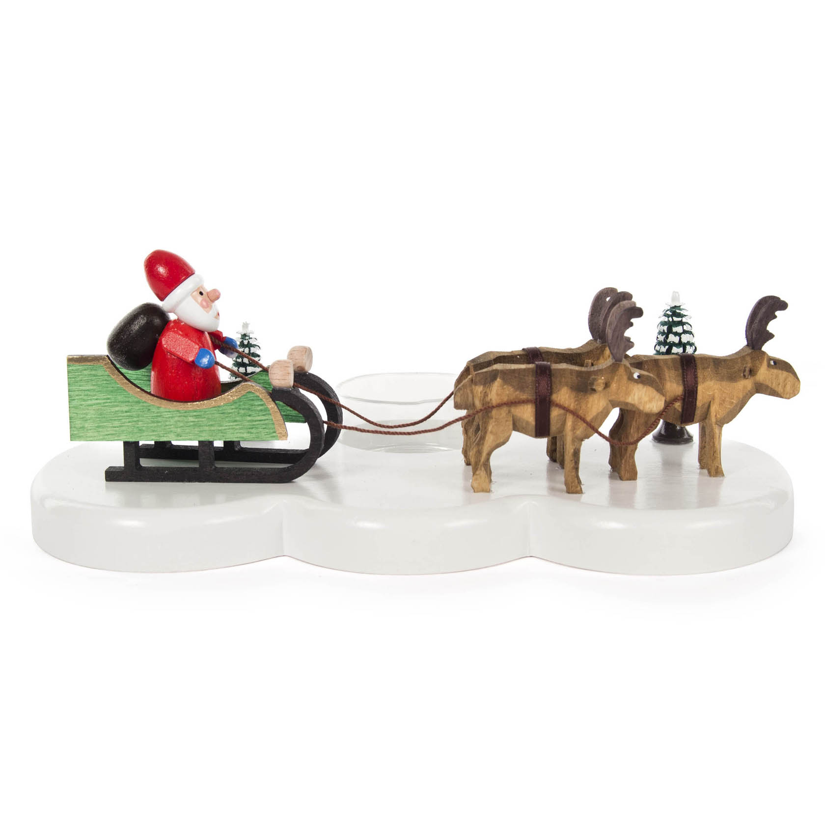 Colorful candle holder depicting Santa Claus on a sleigh drawn by two reindeer with small snow-covered trees. im Dregeno Online Shop günstig kaufen